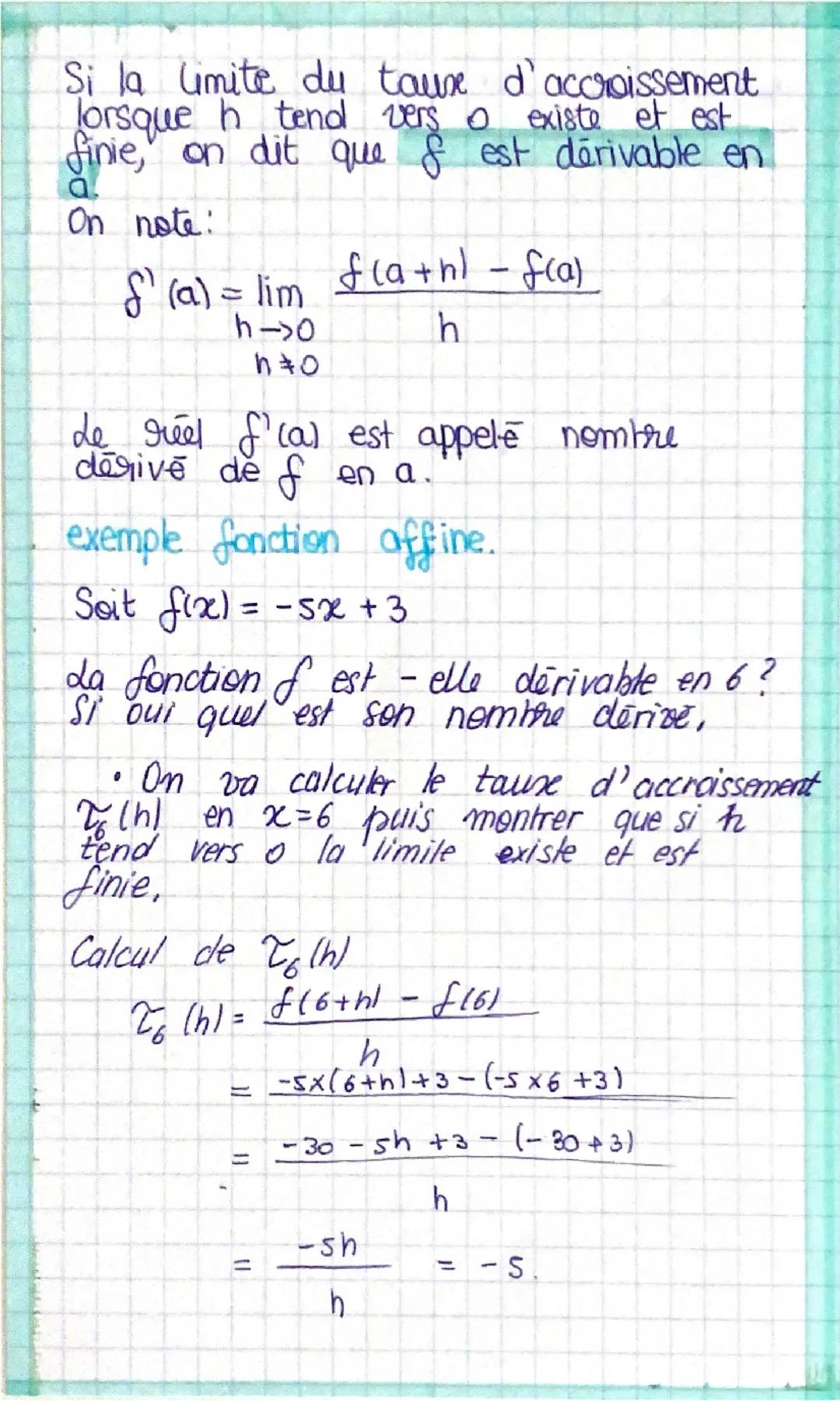 chap 3
# Dérivation
T(h) = $\frac{f(a+h) -f(a)}{h}$
> Taux d'accroissement de f en a,
Il dépend de h
Ou appelle Ta la taugente à Cf en A