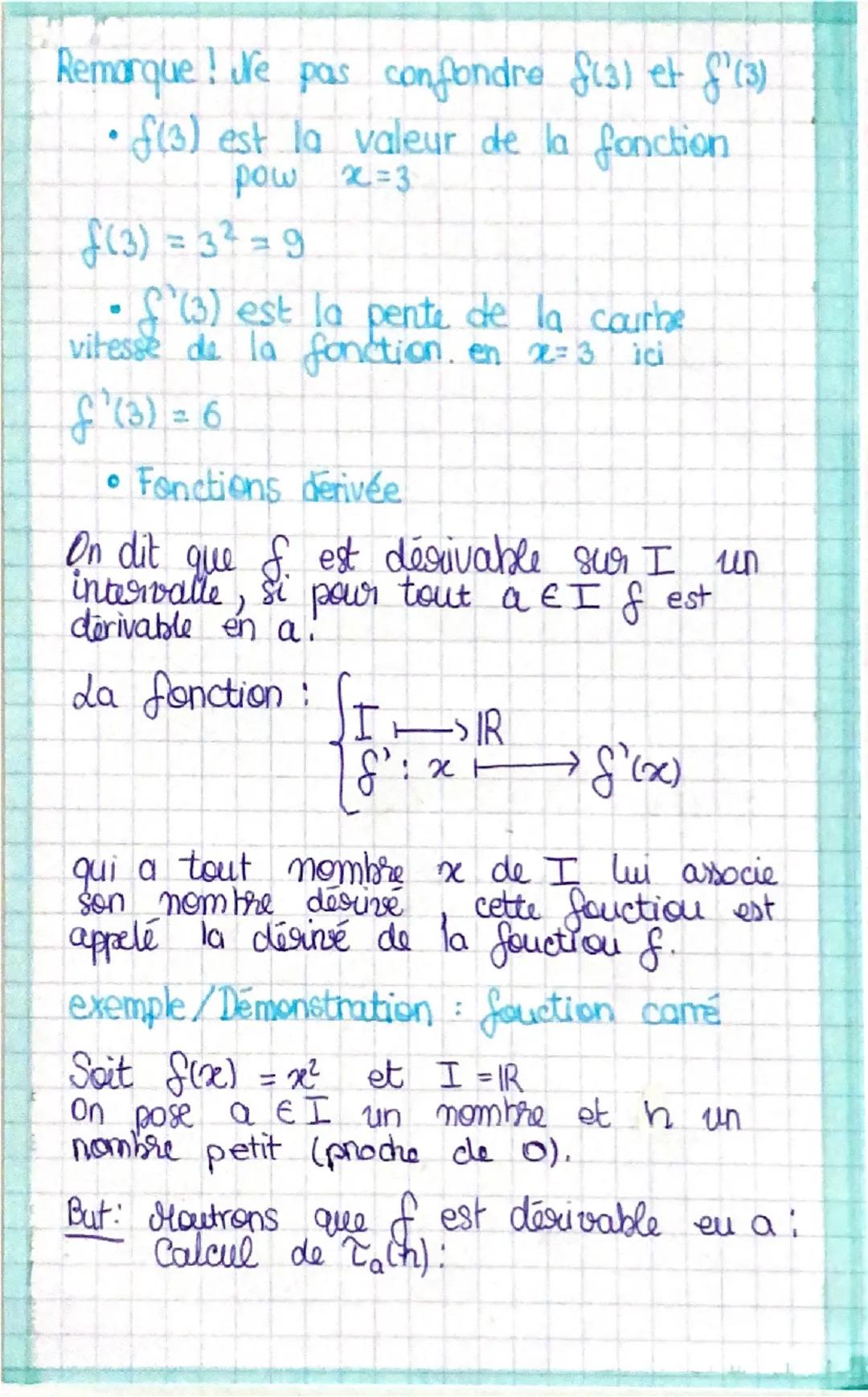 chap 3
# Dérivation
T(h) = $\frac{f(a+h) -f(a)}{h}$
> Taux d'accroissement de f en a,
Il dépend de h
Ou appelle Ta la taugente à Cf en A