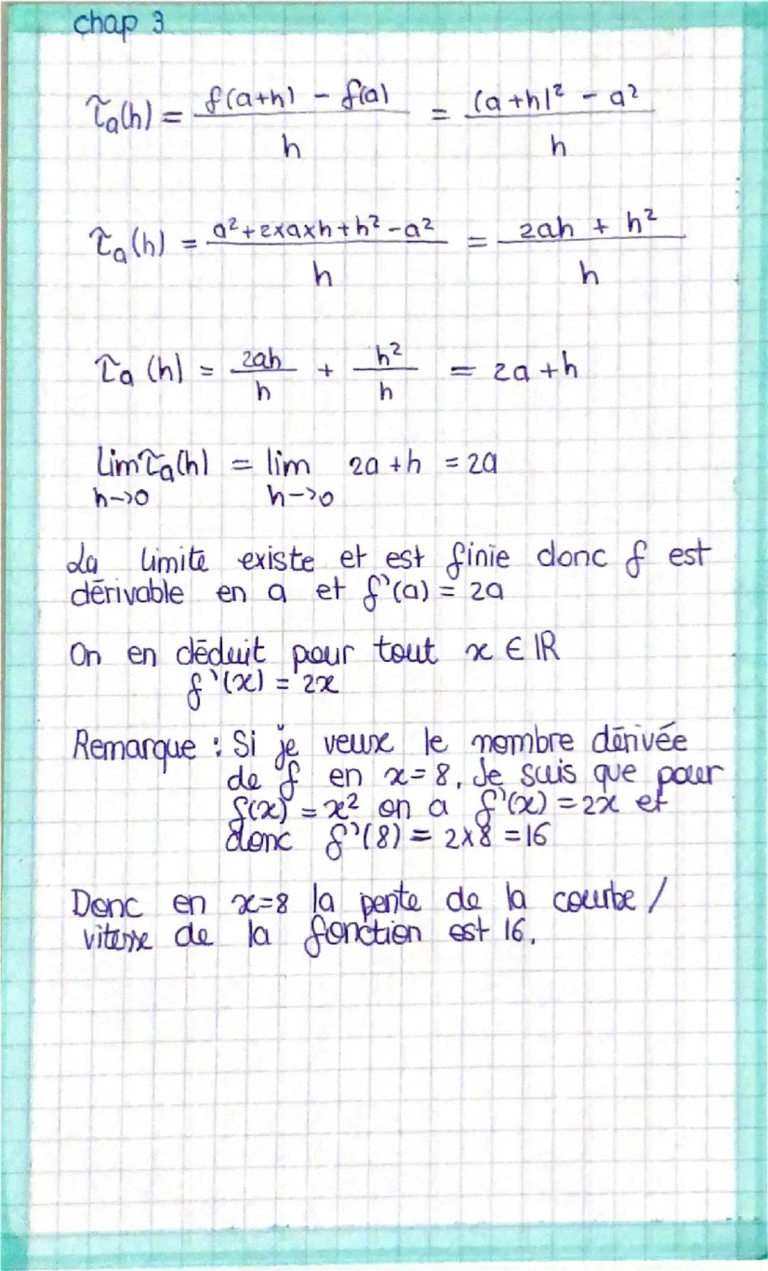 chap 3
# Dérivation
T(h) = $\frac{f(a+h) -f(a)}{h}$
> Taux d'accroissement de f en a,
Il dépend de h
Ou appelle Ta la taugente à Cf en A