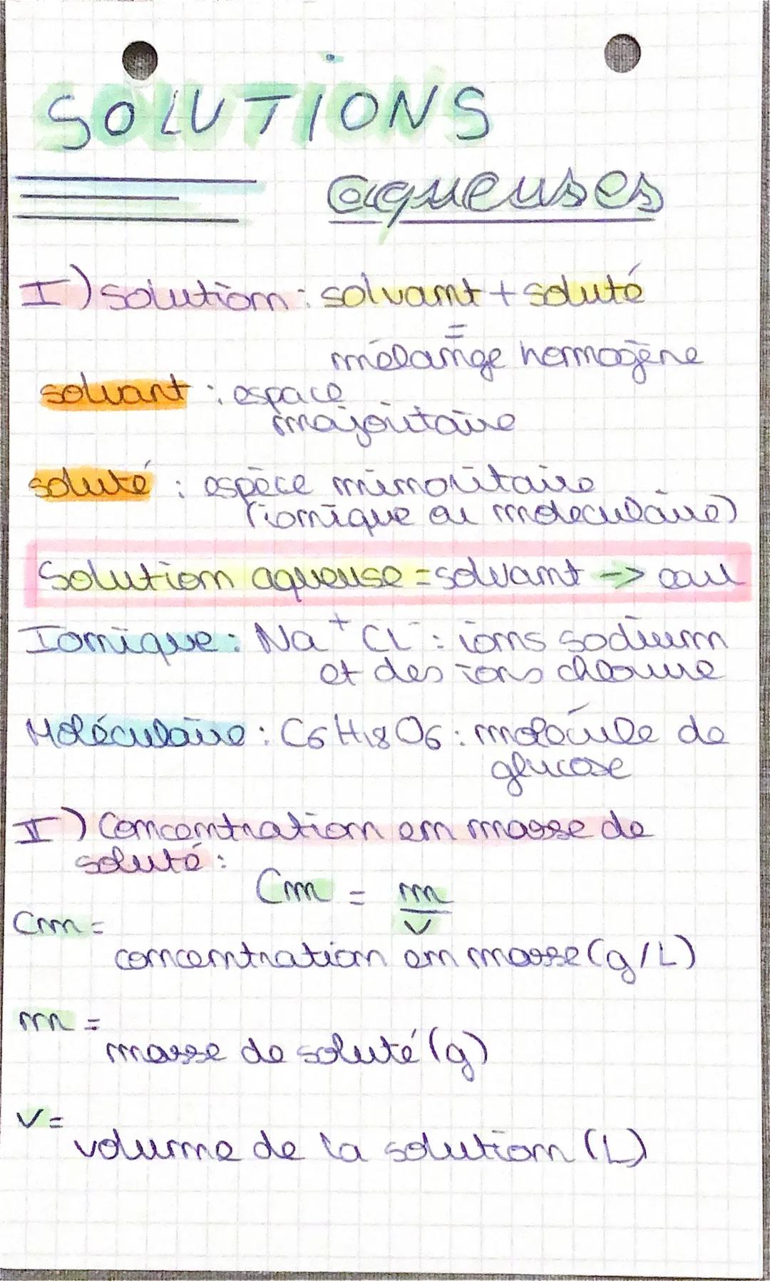 SOLUTIONS
aqueuses
I) solution : solvant + soluté
mélange hermogine
majoutaire
solvant espace
soluté: espèce mimoritaire
fromique au molecul