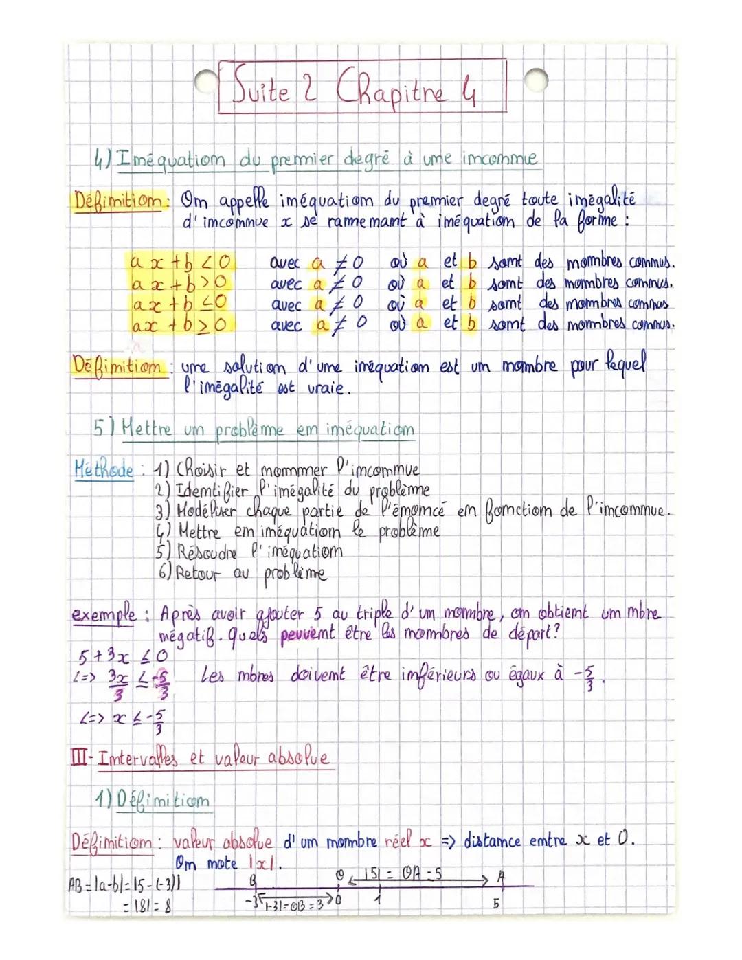 Chapitre 4: Emsembles de
R et problèmes du 1er degré
I- La droite des réels et intervalles
1) La droite des réels
Définition: Um mombre réel