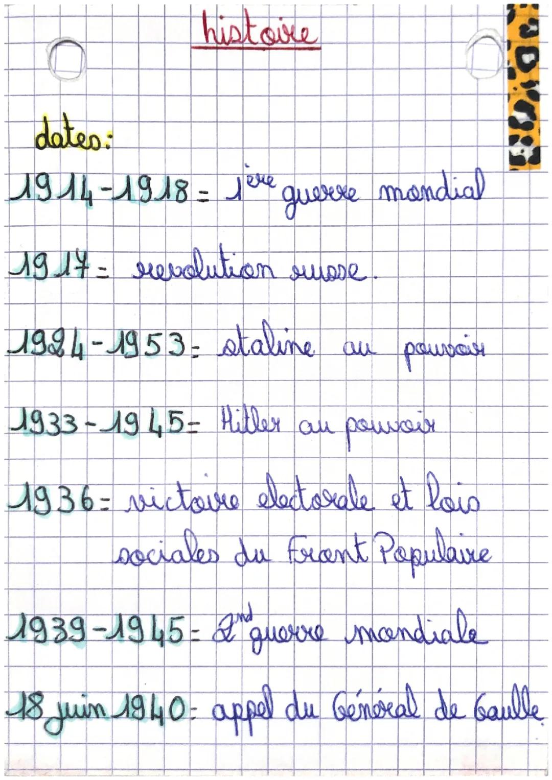 D
dates:
histoire
1914-1918 = jère guerre mondial
1917 = revolution suose.
1924-1953- staline au pawsair
1933-1945- Hiller au pouvoir