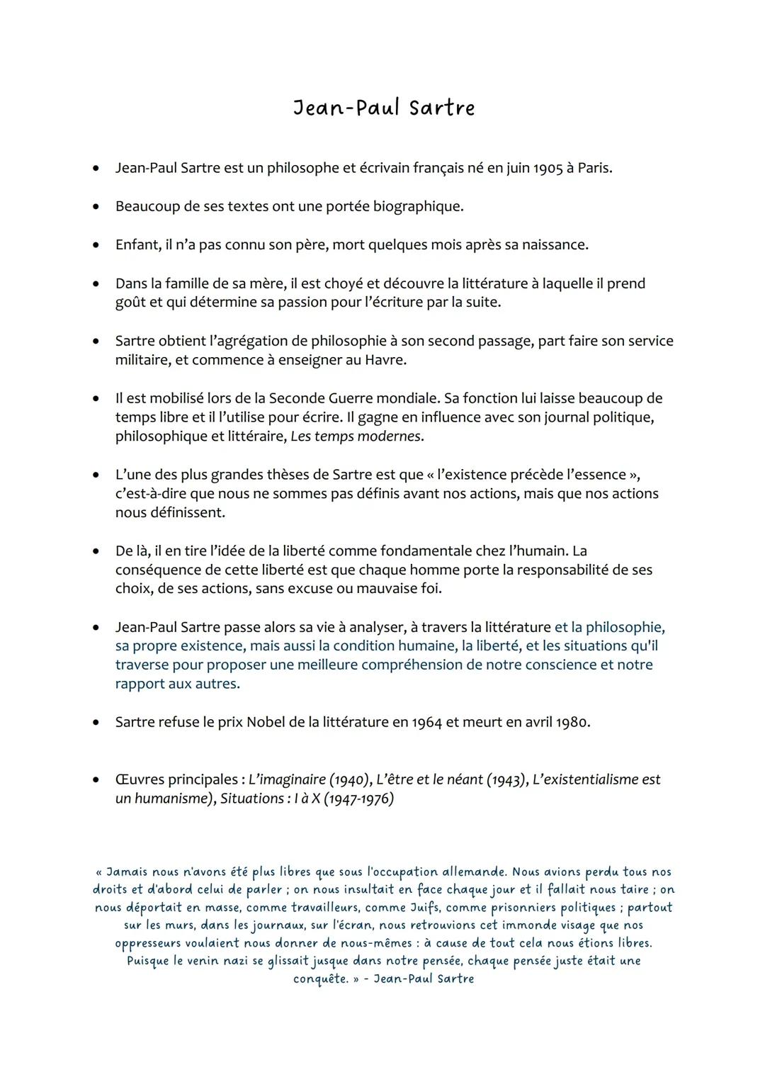PHILOSOPHIE - FICHE AUTEUR : Jean-Paul Sartre
