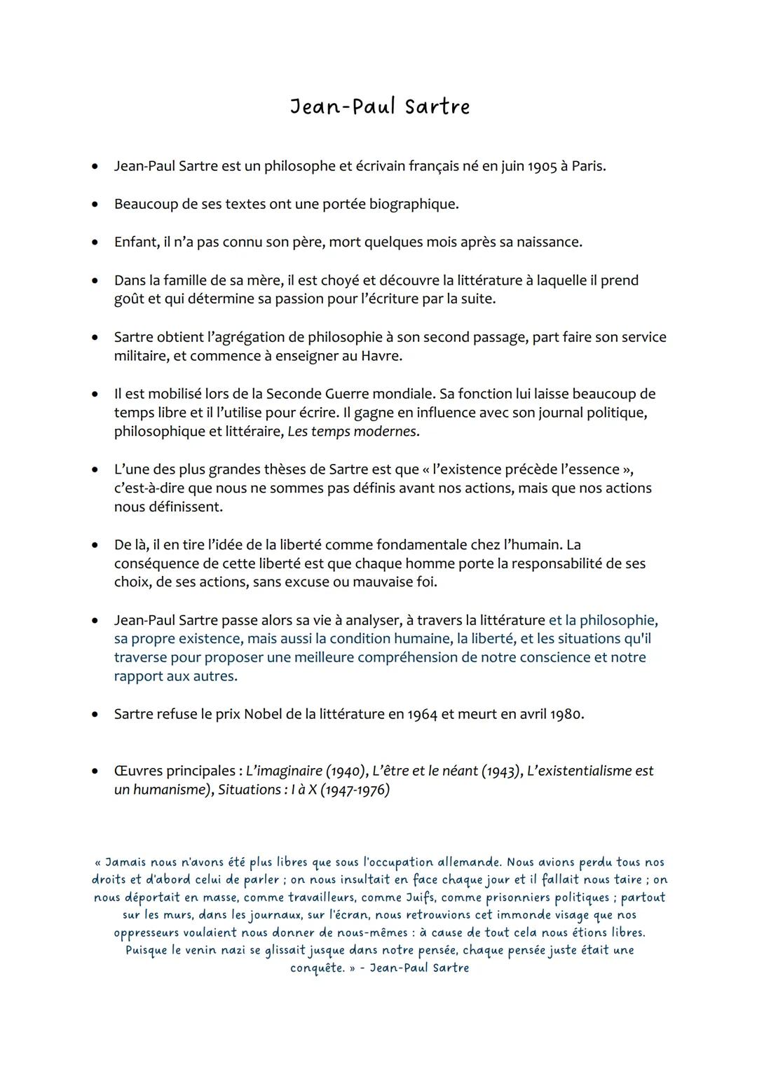 • Jean-Paul Sartre est un philosophe et écrivain français né en juin 1905 à Paris.
Beaucoup de ses textes ont une portée biographique.
Enfan