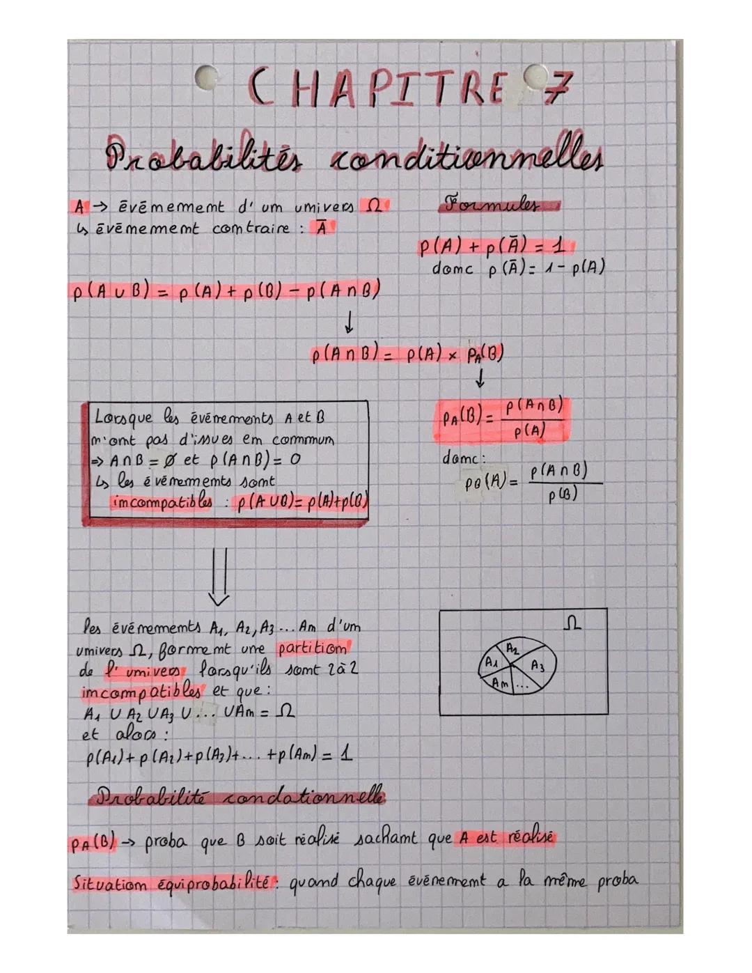 C C HAPITRE 7
Probabilites conditionnelles
Aévémement d'um umivers
evemememt comtraire: A
P(AUB) = p (A) + p (B) - p (ANB)
↓
p(ANB) = P(A) ×