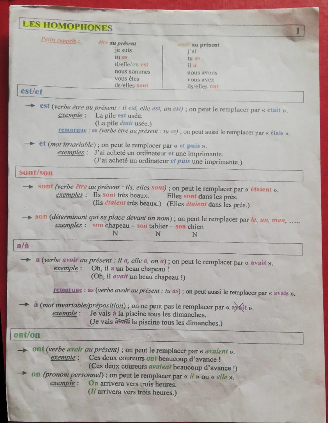 # LES HOMOPHONES
Petits rappels:
être au présent
je suis
tu es
il/elle/on est
nous sommes
vous êtes
ils/elles sont
au présent
j'ai
tu as