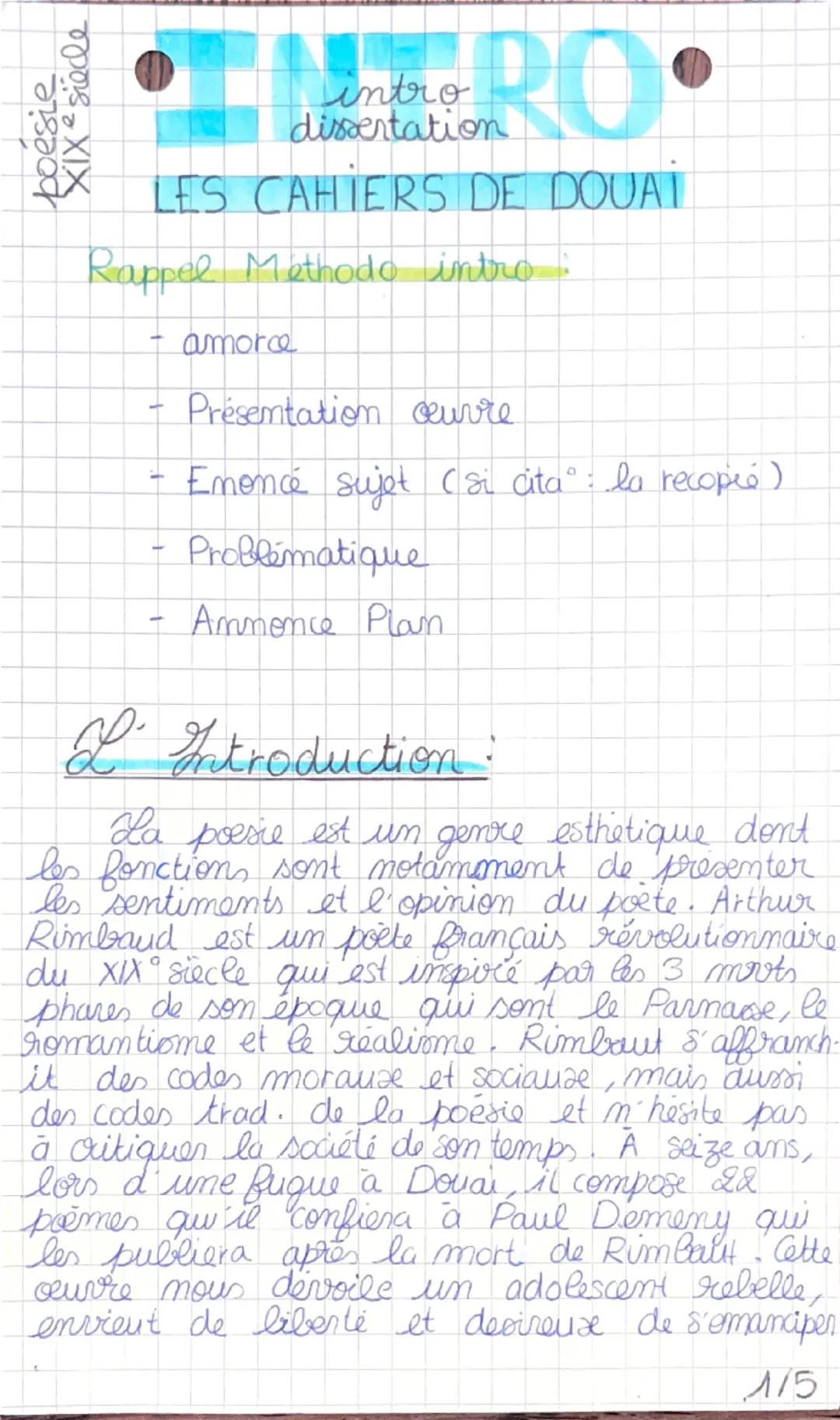 --- OCR Start ---
poesie
XIXe siècle
intro
dissertation
LES CAHIERS DE DOUAI
Rappel Methodo intro:
amorce
Présentation cœuvre
- Emoncé sujet