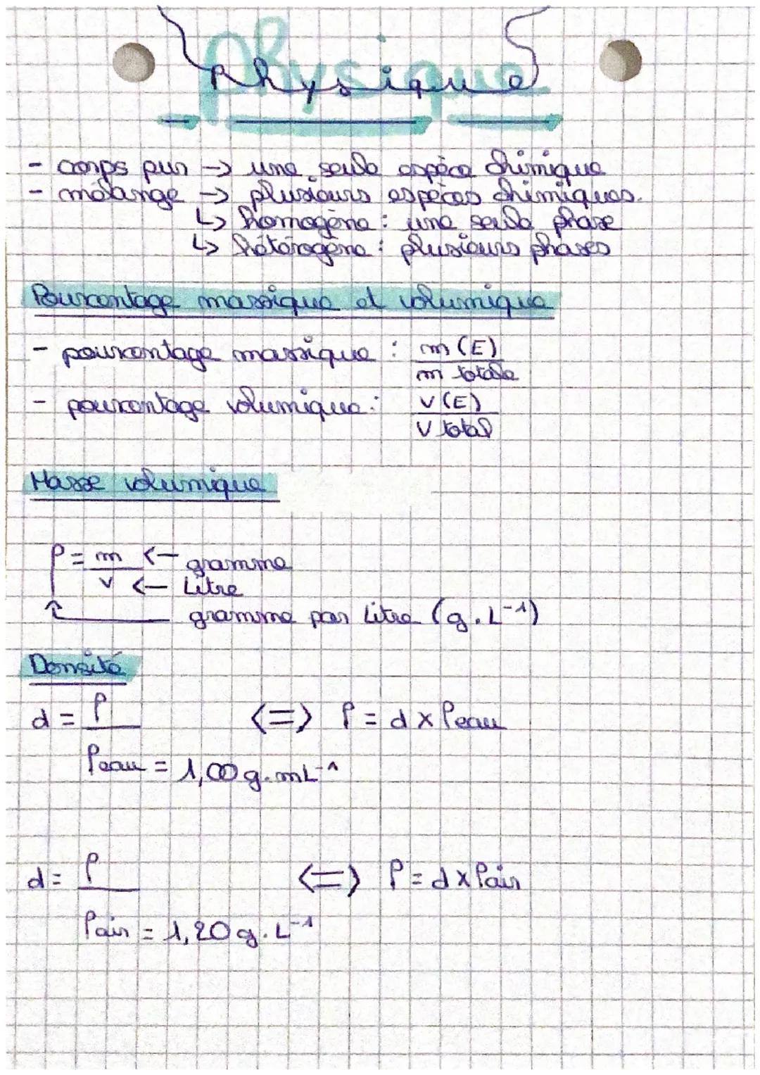 Masse volumique, pourcentage massique, densité