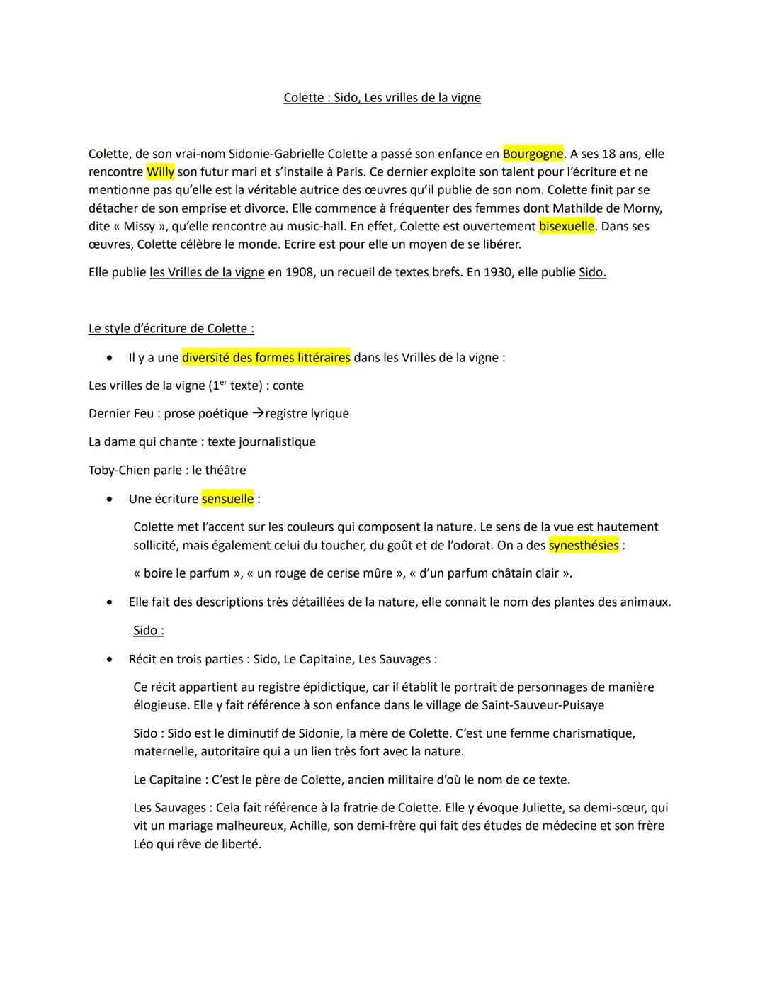 Dissertation Colette Sido, Les Vrilles de la Vigne