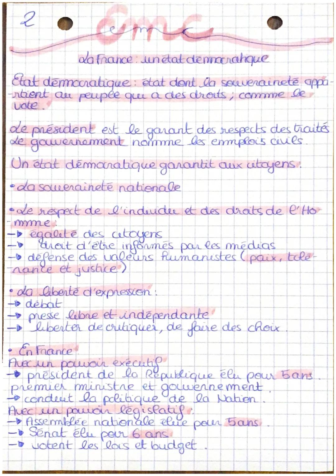 2
ما ۱۹ وی)
La France Junetat dennocranque
Etat democratique : état dont la souveraineté appa
-rtient au peuple que a des droits; comme le
v