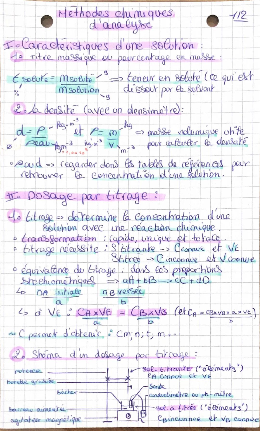 # Methodes chimiques
d'analyse
I. Caracteristiques d'une solution:
to titre massique ou pourcentage en masse:
112
Esoluke = $\frac{Msolut