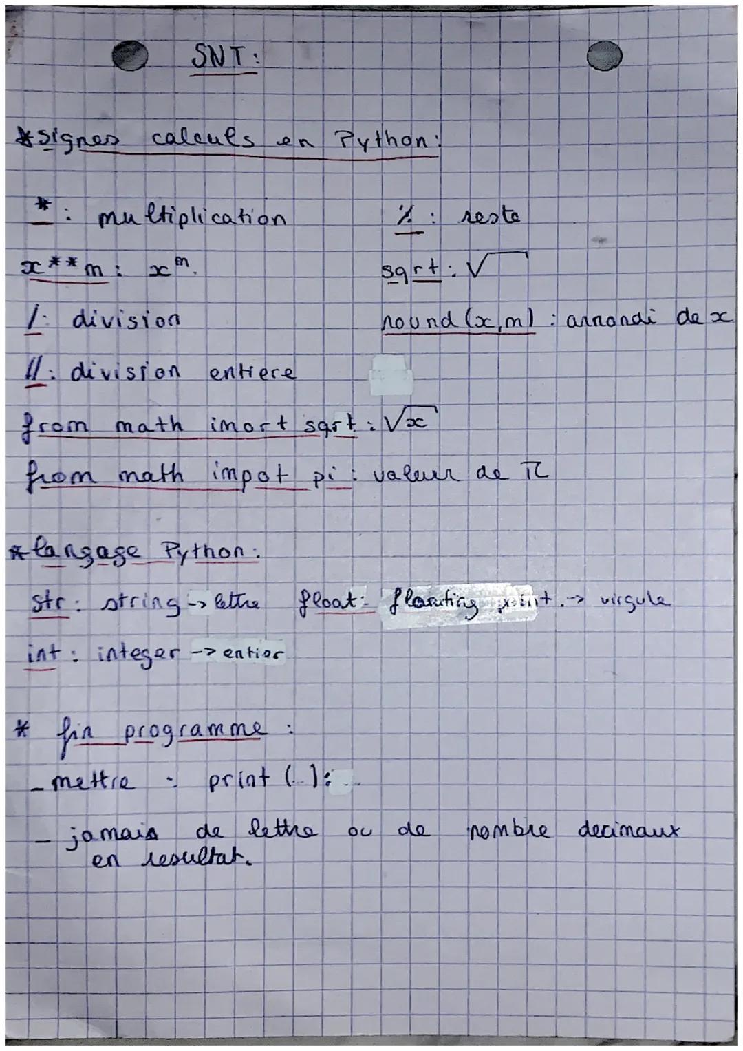 Signes calculs en Python:
:
1.
x**m:
SNT
multiplication
xm
:
!
* langage Python:
str string lette
int: integer
division
• division entière
f