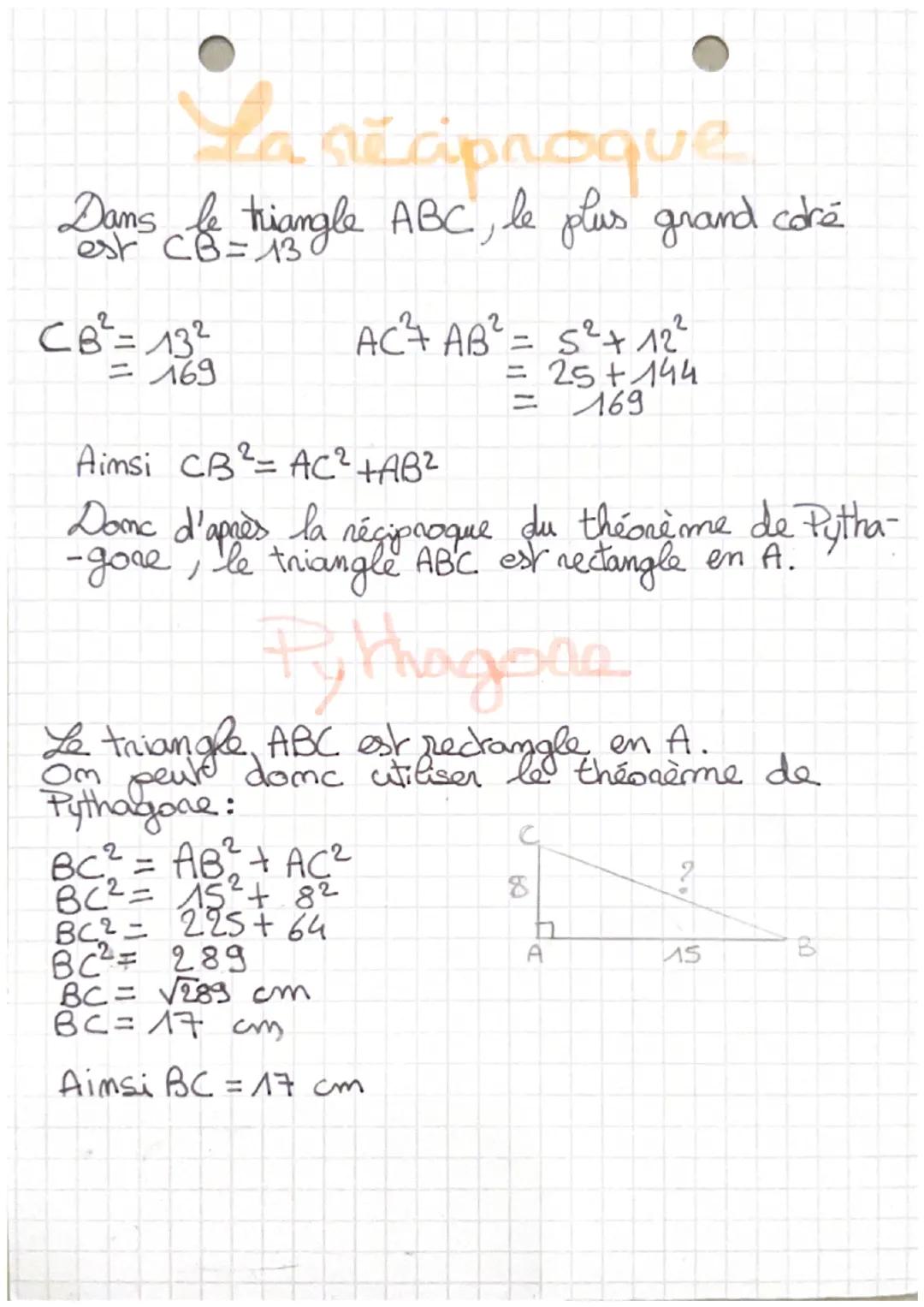 La siaproque
Dans le triangle ABC, le plus grand core
est
CB² = 13²
= 169
AC²4 AB²= S² + 12²
= 25+144
169
Aimsi CB² = AC² +AB²
Domc d'après