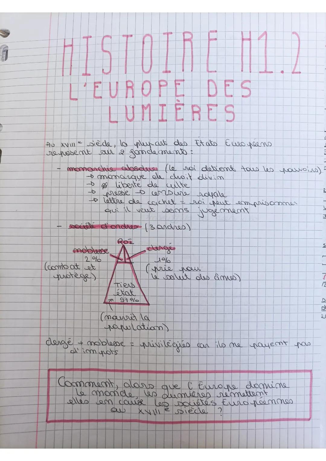 ;
HISTOIRE H1.)
L'EUROPE DES
LUMIERES
Au XVIII
wiede, la plupart des Etats Européens
reposent our 2 fandements :
Auto
monarchie absque (le r