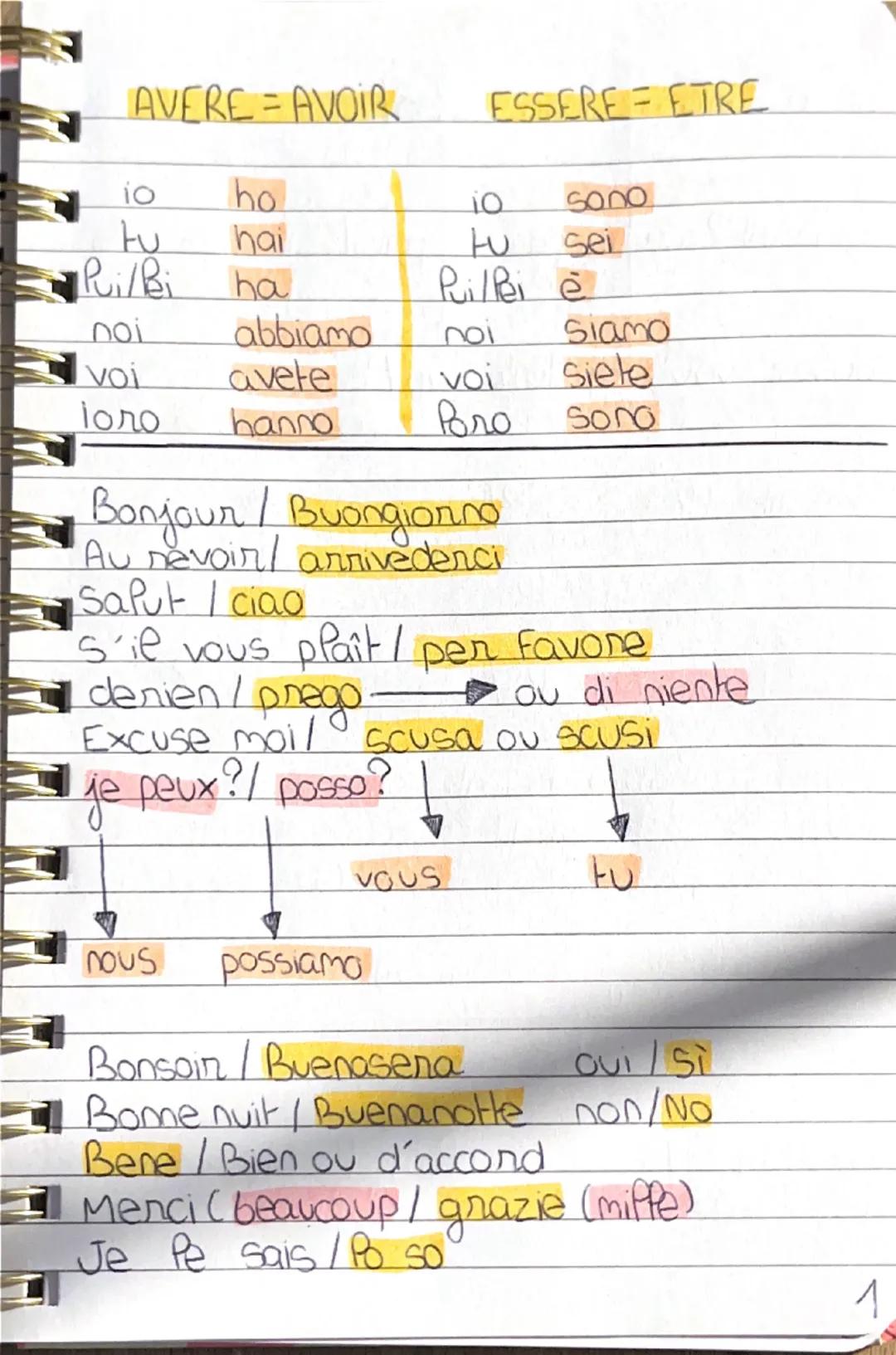 AVERE = AVOIR
ESSERE ETRE
io
tu
ho
hai
10
tu
sono
Sei
Pui/Bi
ha
Puillei è
noi
abbiamo
ποι
Siamo
voi
avete
voi
siele
ioro
hanno
Bro
Sono
Bo