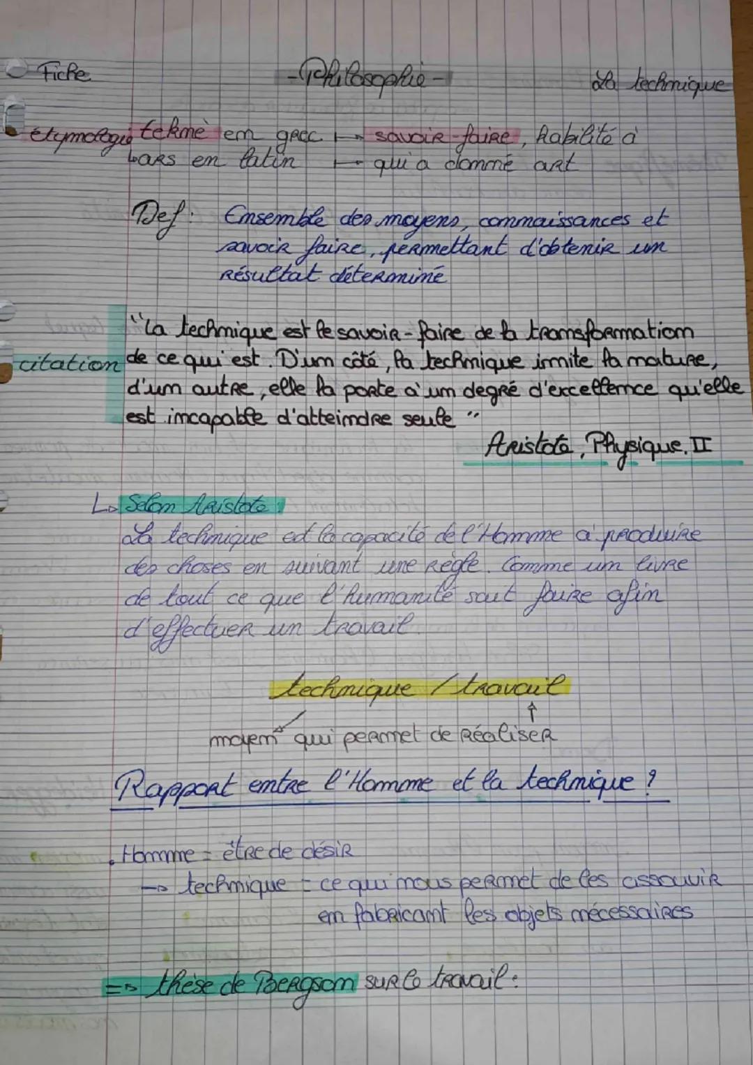 Fiche
-Philosophie-
La technique
Etymologio tekme em gece savoir faire, Rabilité à
Cars en latin qui a damné art
Def. Ensemble des moyens, c