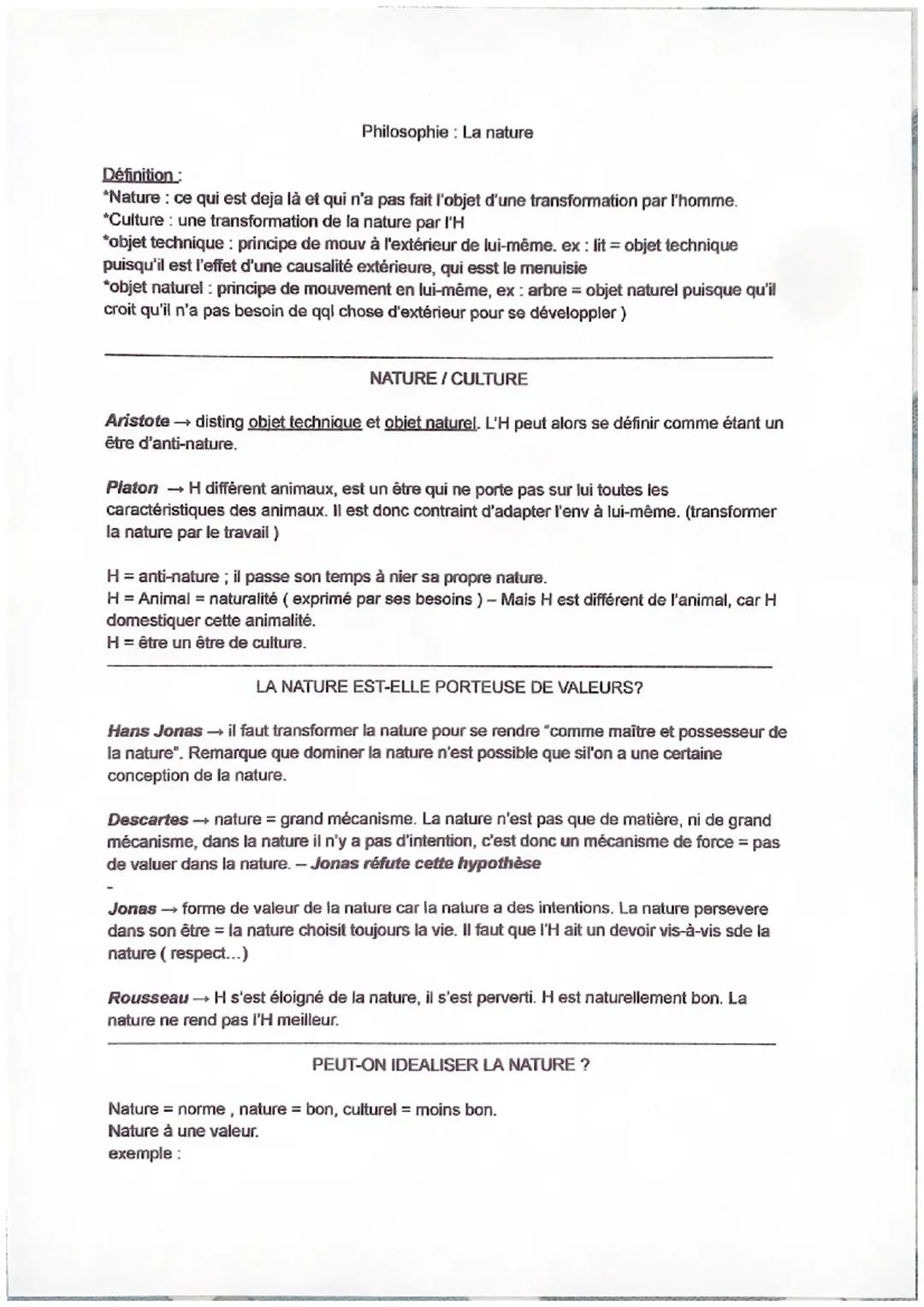 Philosophie: La nature
Définition:
*Nature : ce qui est deja là et qui n'a pas fait l'objet d'une transformation par l'homme.
*Culture: une
