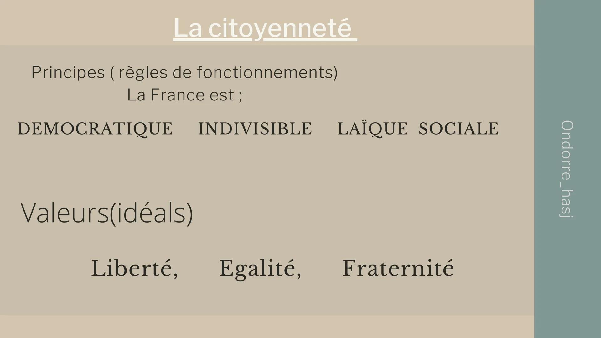 La citoyenneté
Principes (règles de fonctionnements)
La France est ;
DEMOCRATIQUE INDIVISIBLE LAÏQUE SOCIALE
Valeurs(idéals)
Liberté, Egalit