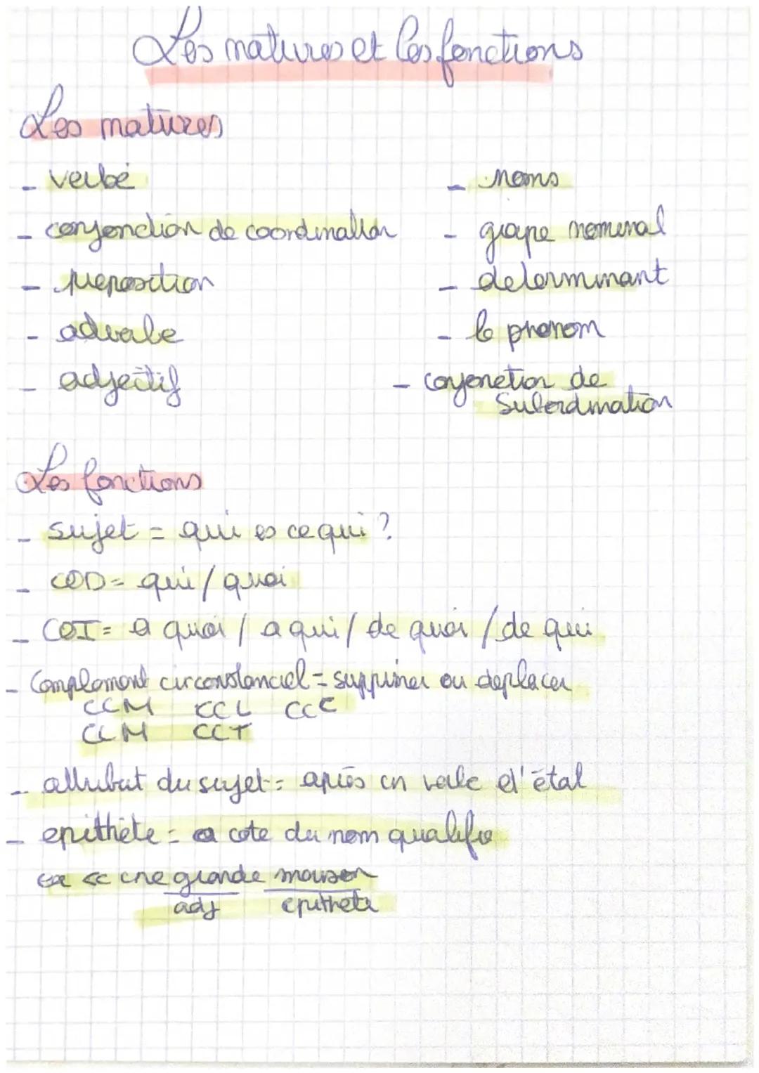 # Les matures et les fonctions
Les matures
- verbe
- conjonction de coordinallar
- preposition
- advale
- adjectif
- noms
- grape nomenal
-