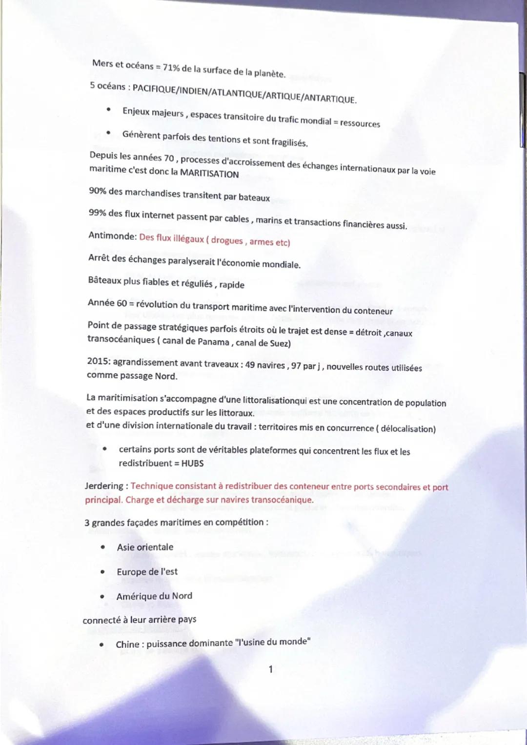 Mers et océans = 71% de la surface de la planète.
5 océans : PACIFIQUE/INDIEN/ATLANTIQUE/ARTIQUE/ANTARTIQUE.
Enjeux majeurs, espaces transit