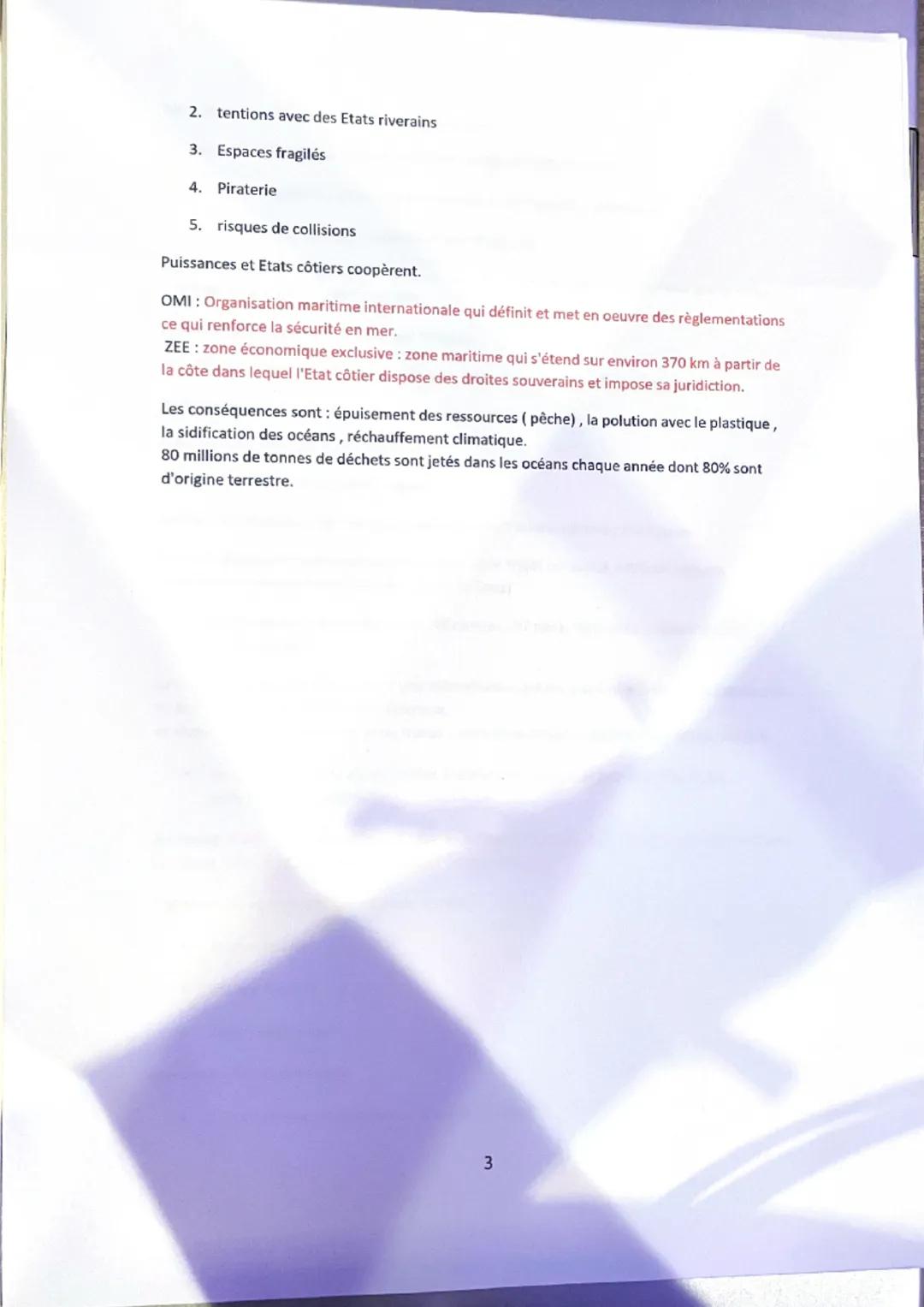 Mers et océans = 71% de la surface de la planète.
5 océans : PACIFIQUE/INDIEN/ATLANTIQUE/ARTIQUE/ANTARTIQUE.
Enjeux majeurs, espaces transit