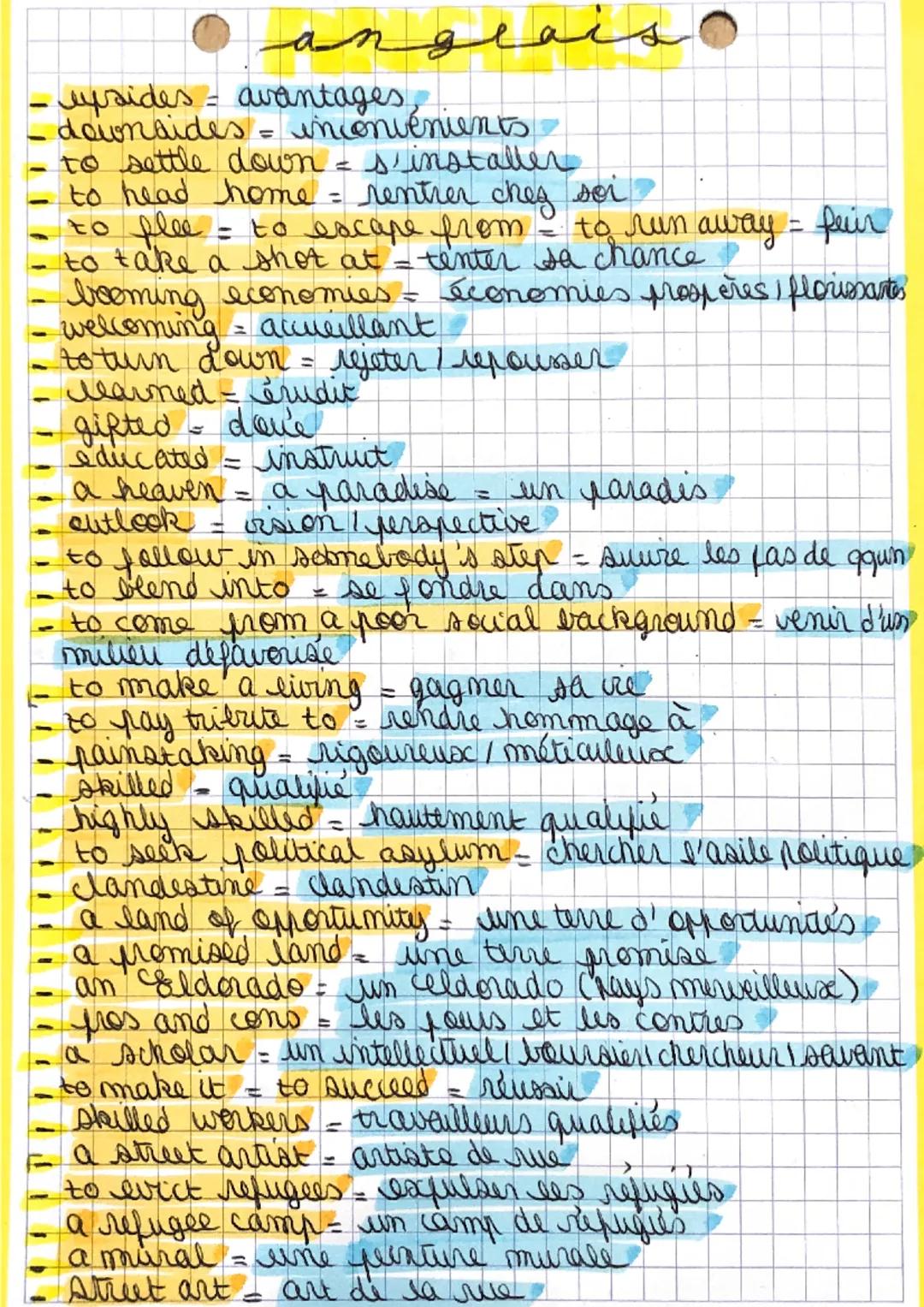 - upsides = avantages
- downsides = inconvénients
- to settle down = s'installer
- to head home = rentrer chez soi
- to flee = to escape fro