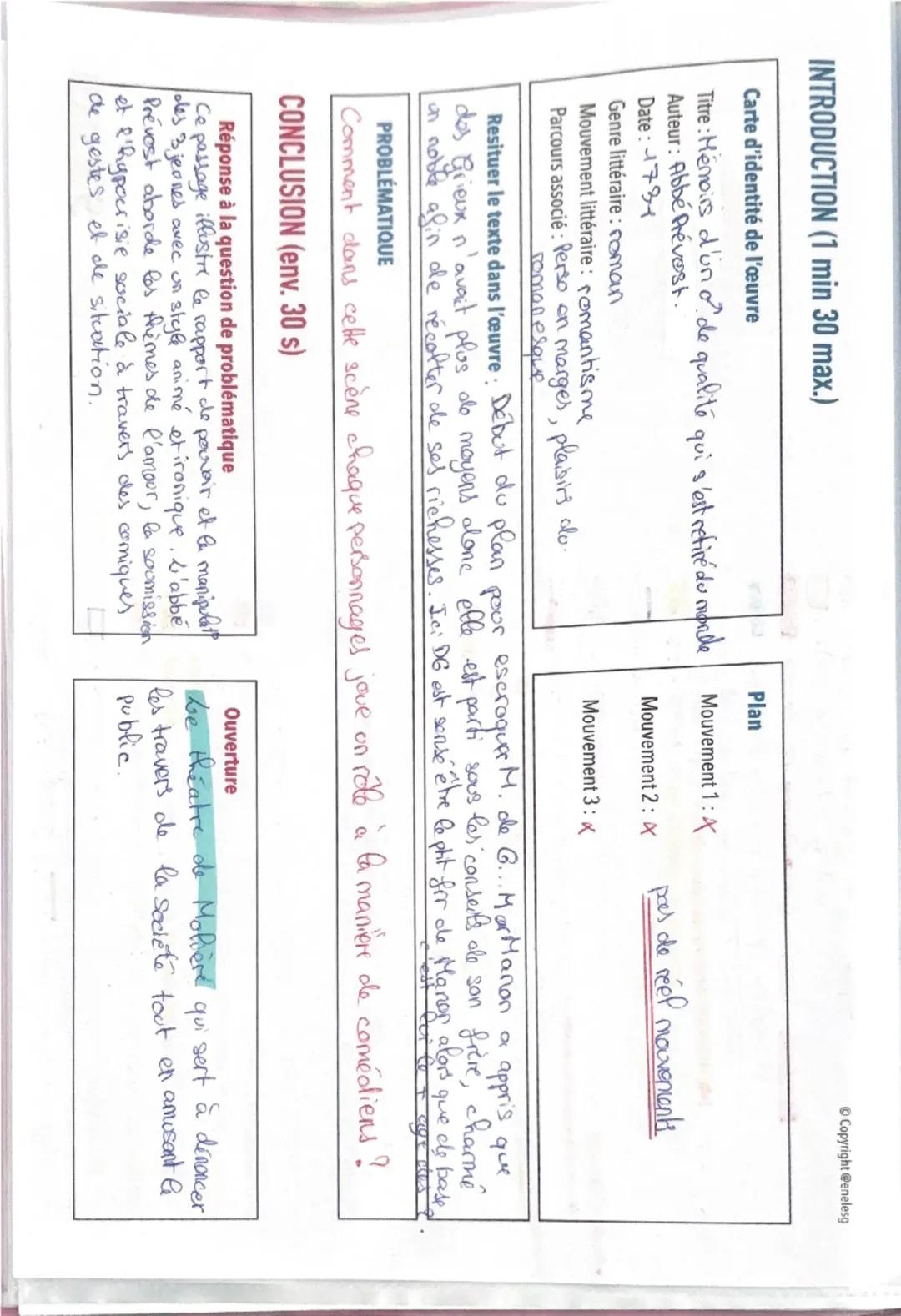 INTRODUCTION (1 min 30 max.)
Carte d'identité de l'œuvre
Plan
Titre: Memoirs d'un o' de qualité qui s'est retiré du monde
Auteur: Abbé Préve