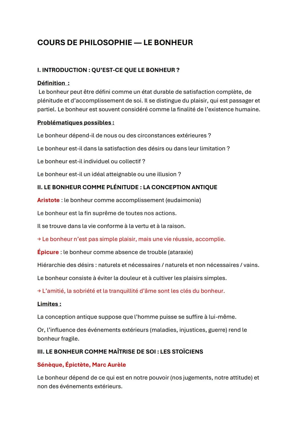 COURS DE PHILOSOPHIE - LE BONHEUR
I. INTRODUCTION: QU'EST-CE QUE LE BONHEUR ?
Définition:
Le bonheur peut être défini comme un état durab