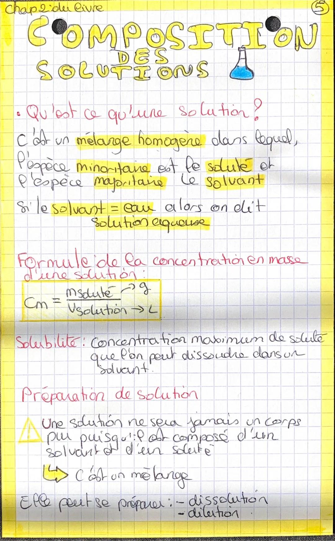 COMPOSITION
DES
SOLUTIONS
Qu'est ce qu'une solution ?
8
Cat un mélange homogère dans lequel,
Pespèce minoritaine est le solute et
P'espèce m