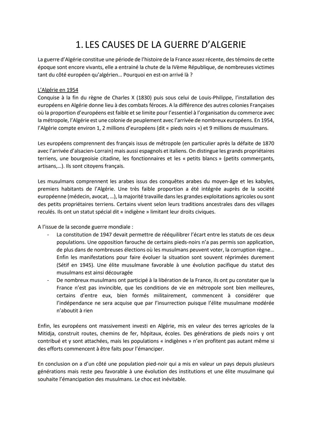 LA GUERRE D'ALGERIE
1ère partie
De la Toussaint Rouge (novembre 1954) au Putsch d'Alger (mai 1958)
1. Les causes de la guerre d'Algérie
2. L
