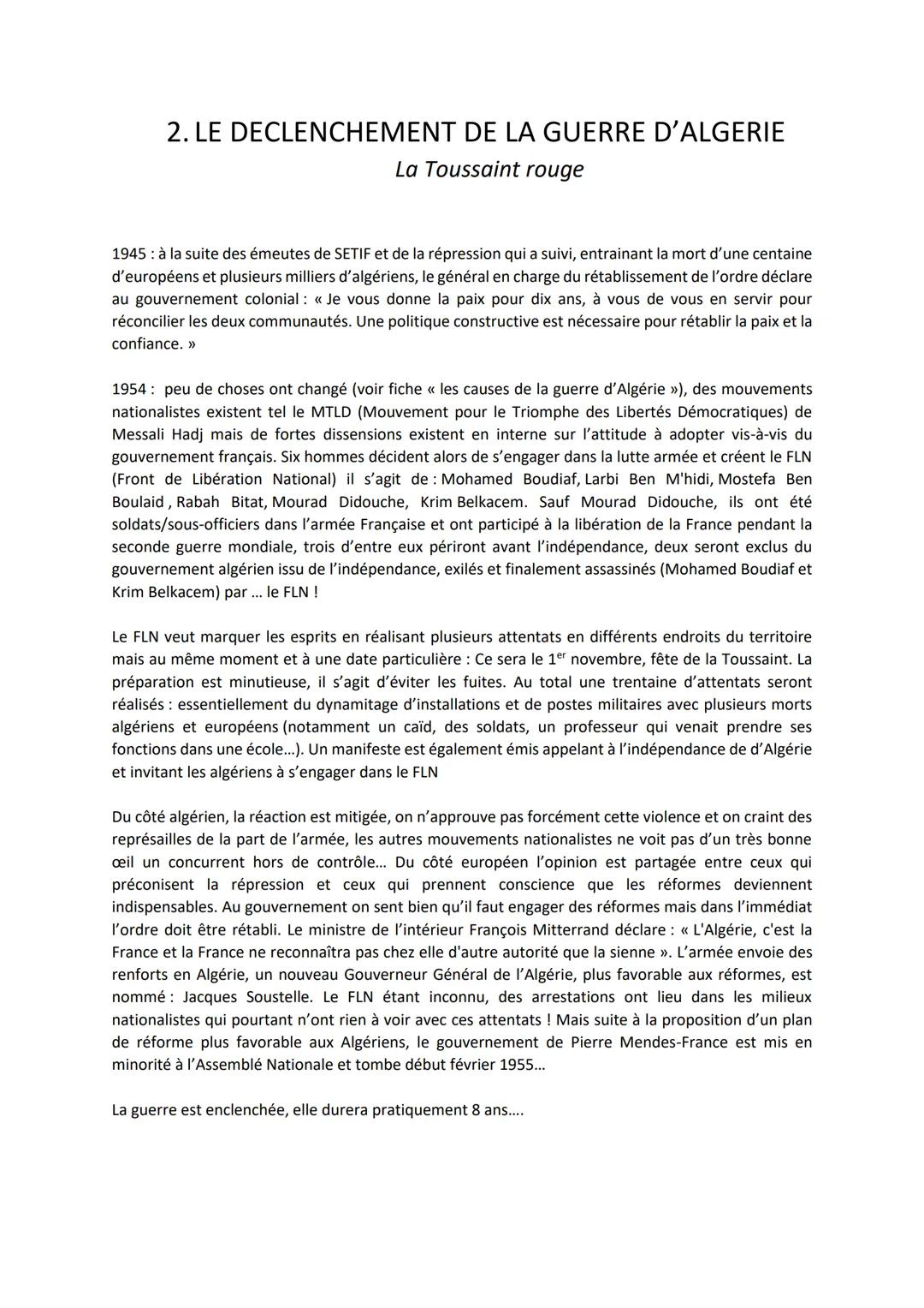 LA GUERRE D'ALGERIE
1ère partie
De la Toussaint Rouge (novembre 1954) au Putsch d'Alger (mai 1958)
1. Les causes de la guerre d'Algérie
2. L