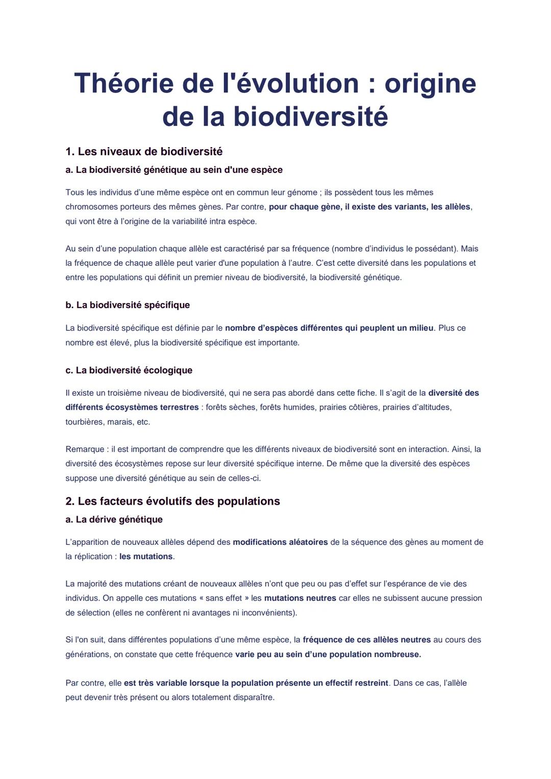 # Théorie de l'évolution : origine
de la biodiversité
1. Les niveaux de biodiversité
a. La biodiversité génétique au sein d'une espèce
To