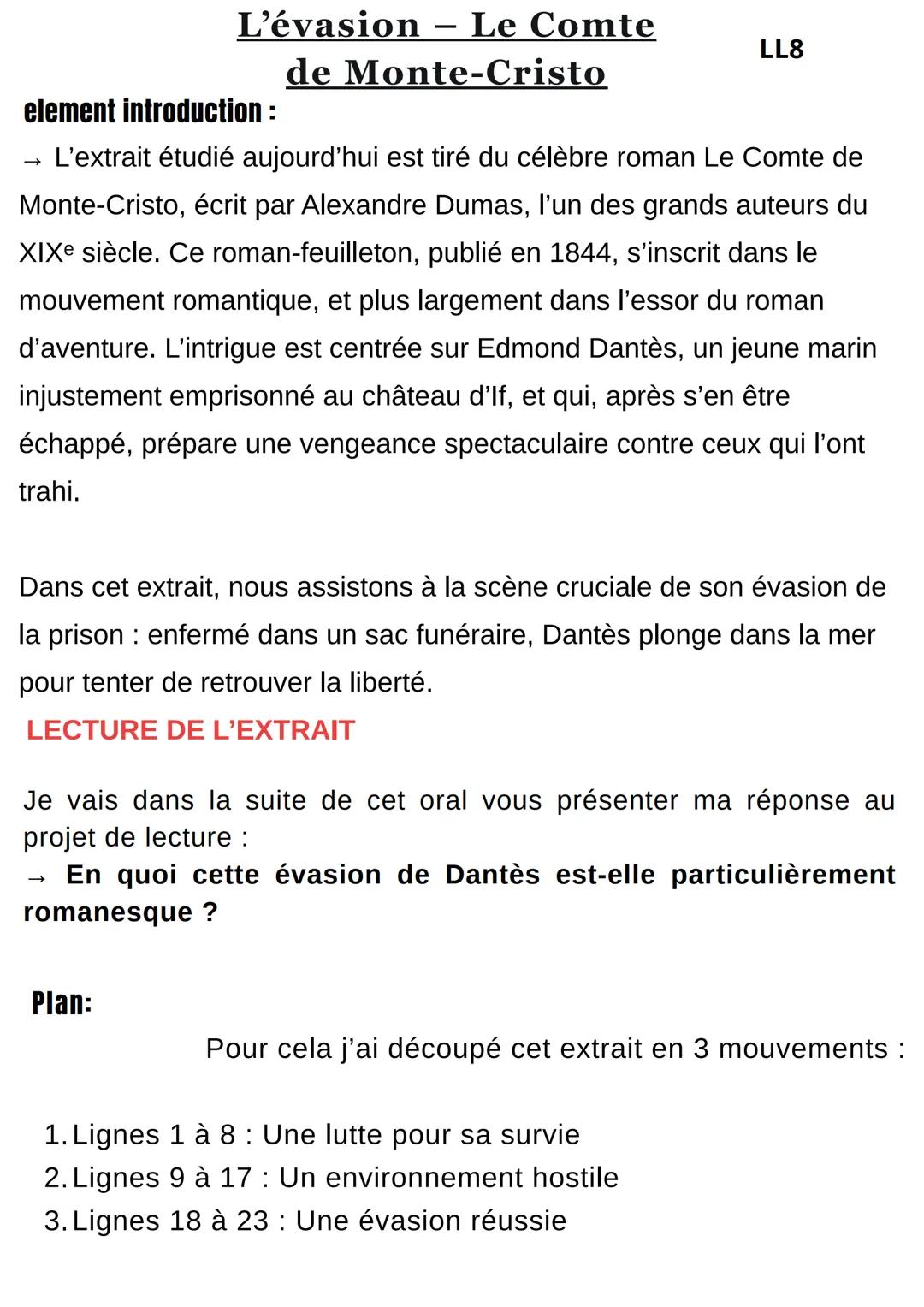 L'évasion – Le Comte
de Monte-Cristo
element introduction:
LL8
→ L'extrait étudié aujourd'hui est tiré du célèbre roman Le Comte de
Monte-Cr