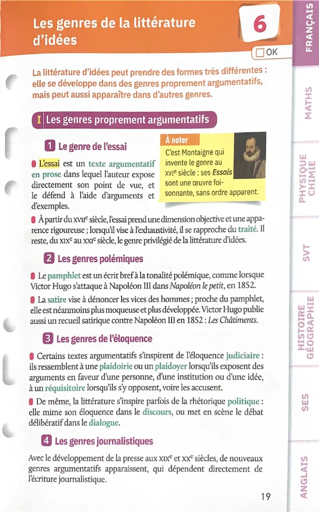Les genres de la littérature
d'idées
6
OK
La littérature d'idées peut prendre des formes très différentes :
elle se développe dans des genre