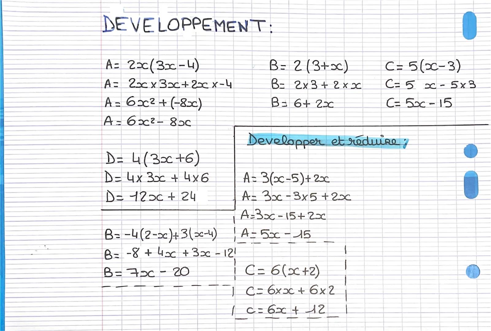 DEVELOPPEMENT:
A= 2x(3x-4)
A = 2xxx 3x+2xx-4
A = 6x² + (-8x)
A=6x²-800
D= 4(3x+6)
D= 4x 3x + 4x6
D= 12x + 24
B= -4(2-x)+3(x-4)
B= -8 + 4x