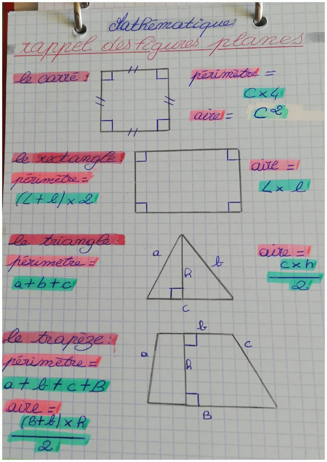 Lathematique
rappel des figures planes
le carré :
+
le xectangle?
périmètre =
(L+l/x2
le triangle :
périmètre =
a+b+c
le trapèze:
pér