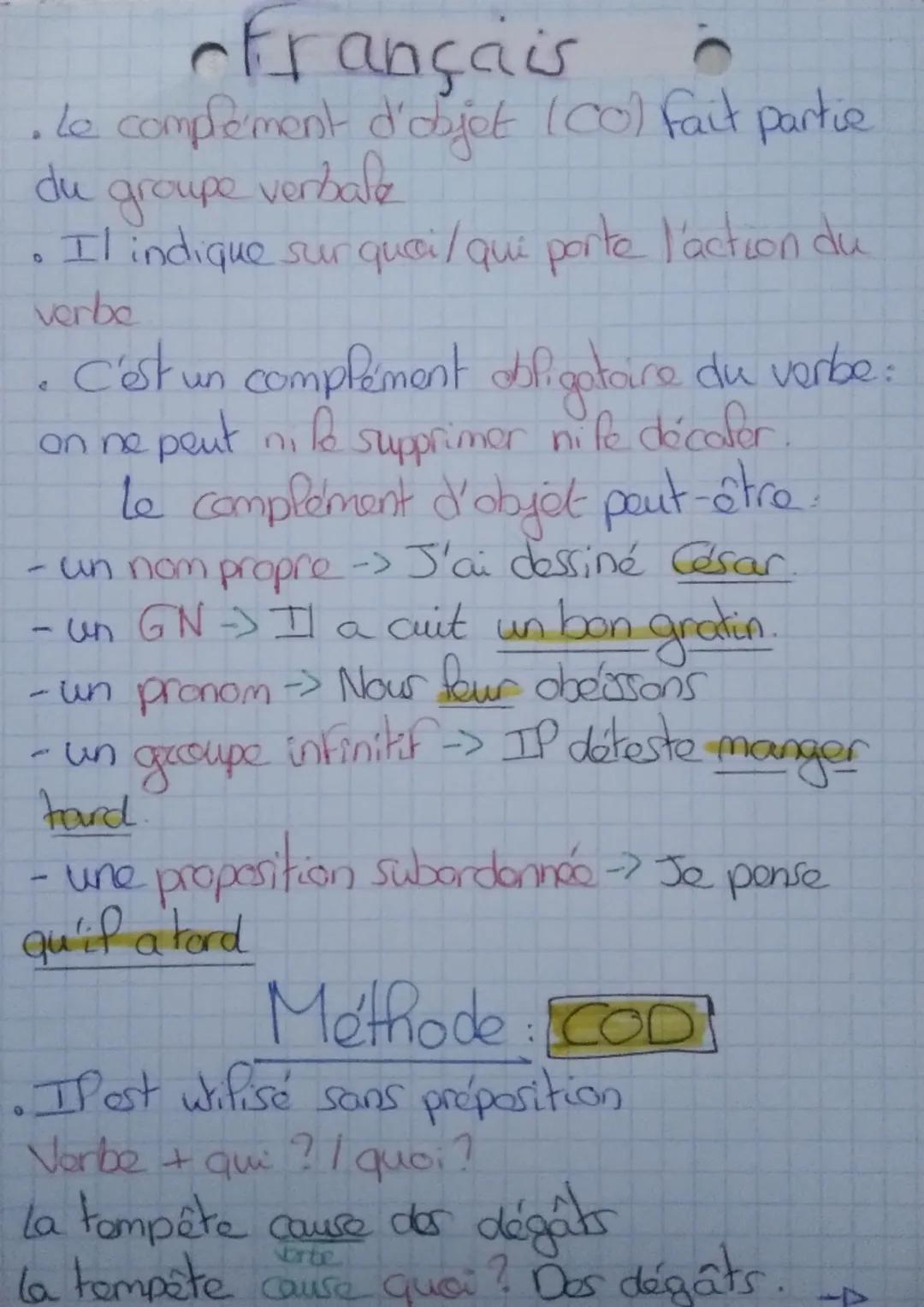 0
# Français
• Le complément d'objet (CO) fait partie
du groupe verbale
• Il indique sur quai/qui porte l'action du
verbe
• C'est un complém
