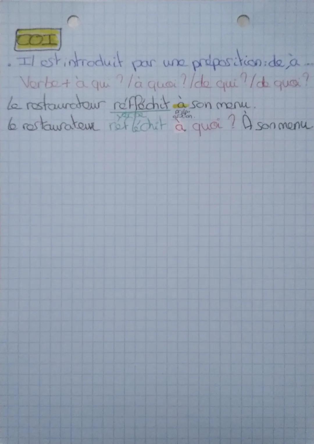 0
# Français
• Le complément d'objet (CO) fait partie
du groupe verbale
• Il indique sur quai/qui porte l'action du
verbe
• C'est un complém