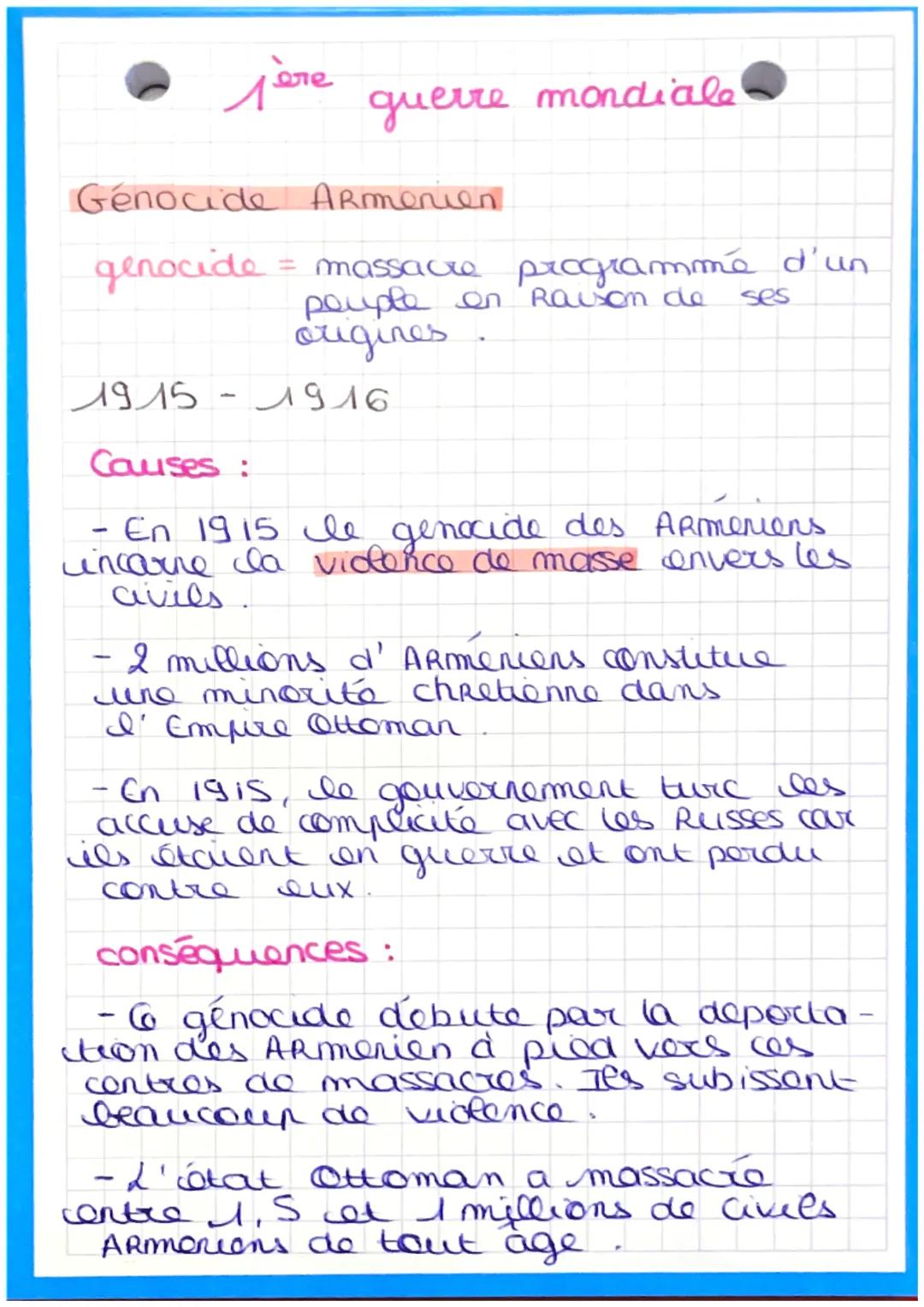 лете
guerre mondiale
Génocide Armenien.
genocide = massacre programmé d'un
peuple on Raison de
origines
ses
1915 - 1916
Causes:
- En 1915 le