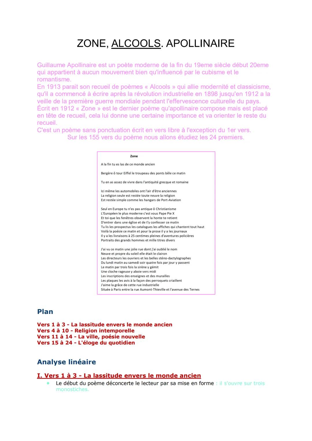 # ZONE, ALCOOLS. APOLLINAIRE
Guillaume Apollinaire est un poète moderne de la fin du 19eme siècle début 20eme
qui appartient à aucun mouvem