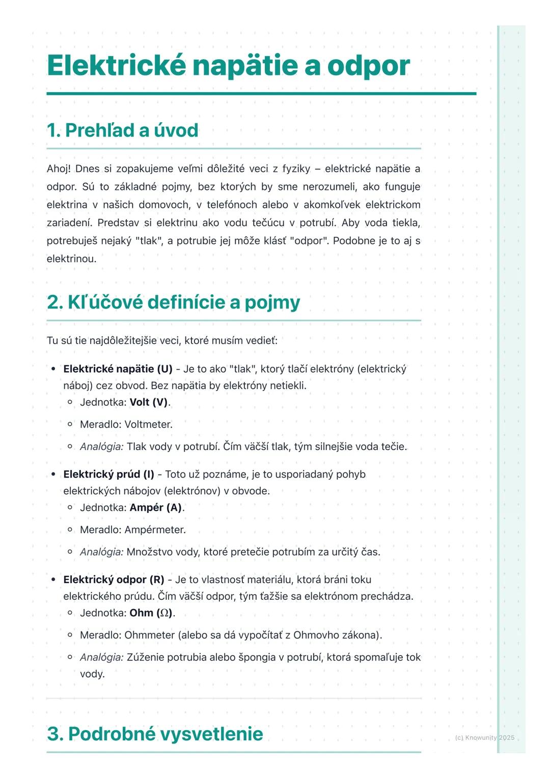 # Elektrické napätie a odpor
1. Prehľad a úvod
Ahoj! Dnes si zopakujeme veľmi dôležité veci z fyziky elektrické napätie a
odpor. Sú to zák