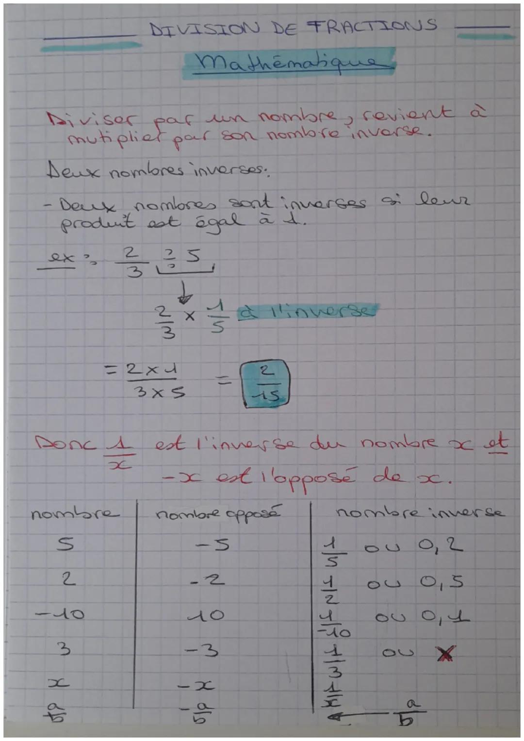 # DIVISION DE FRACTIONS
Mathématique
Diviser par un nombre, revient à
mutipliet par son nombre inverse.
Deux nombres inverses:
- Deux no