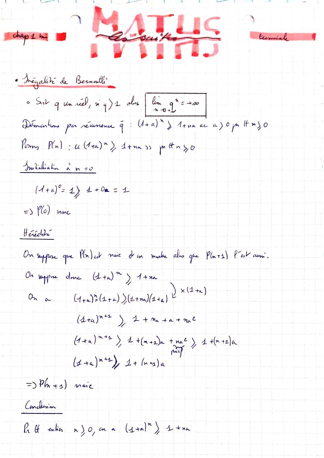 Chap 1
●
.
.
Principe de
Pr démonter
récurrence.
par
l'indice fixé no, on provide
- initialisation.
ch
indice no.
- heredite
P(n+1) Pest
- c