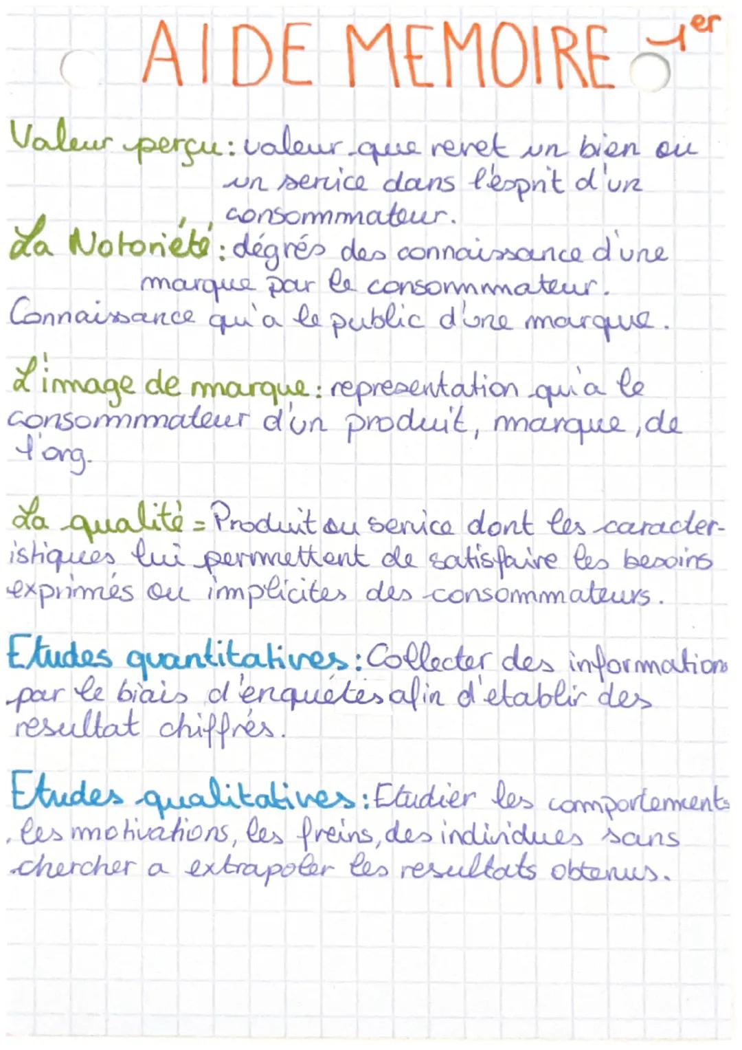 AIDE MEMOIRE
Valeur perçu: valeur que revet un bien ou
un service dans l'esprit d'un
consommateur.
La Notoriété: dégrés des connaissance d