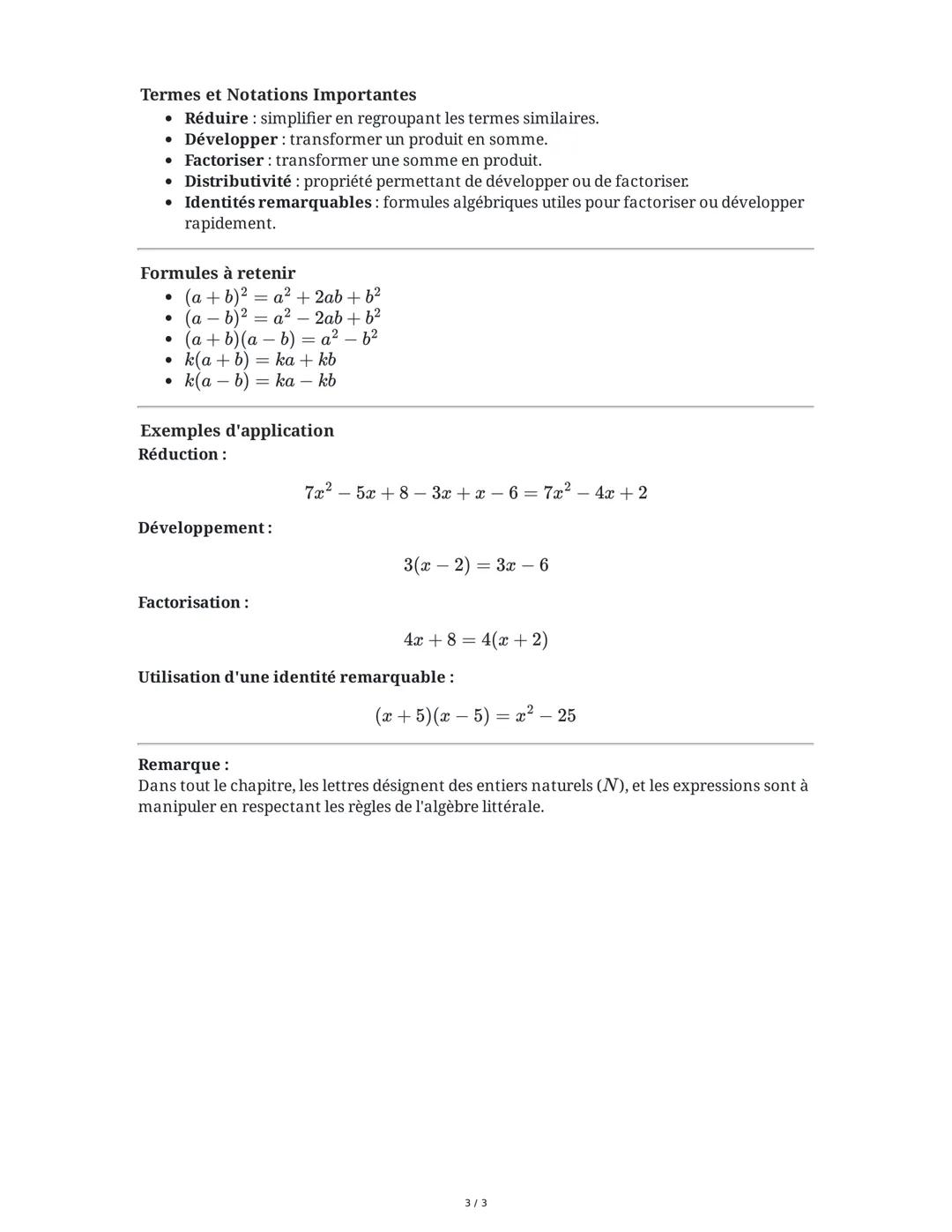 Calcul Littéral
1. Réduction d'une Expression Algébrique
Définition:
Réduire une expression, c'est la simplifier en regroupant les termes de