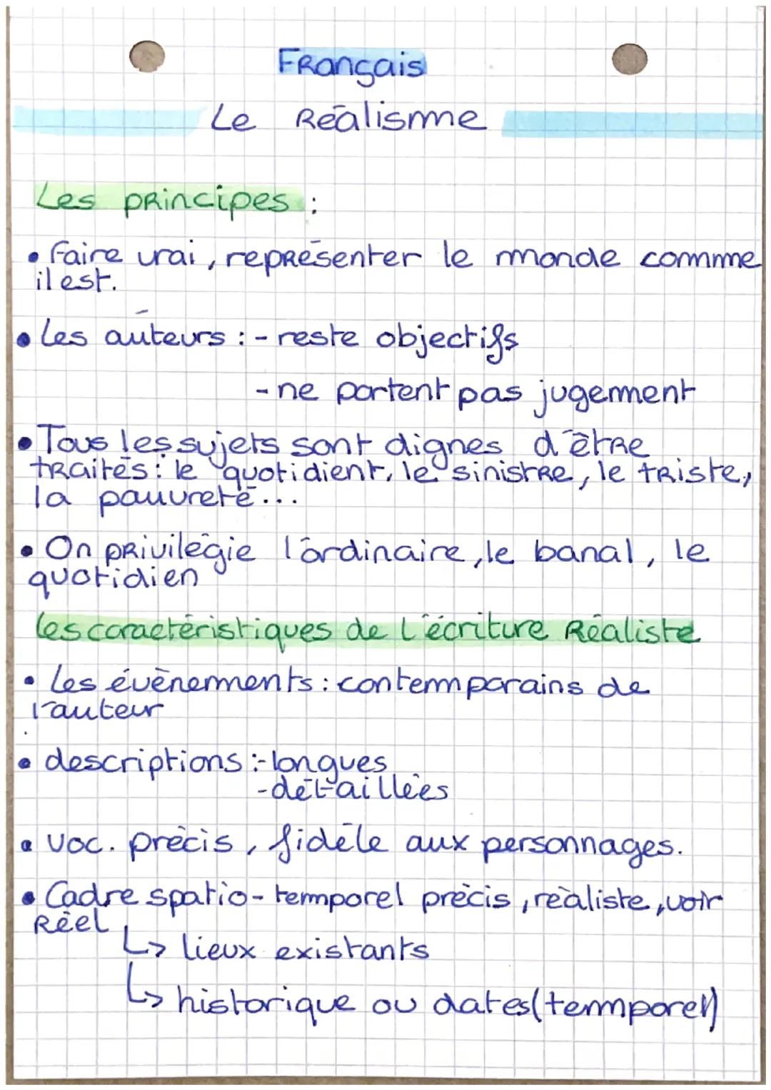 Français
Le Realisme
Les principes :
• faire urai, representer le monde comme
il est.
•Les auteurs: - reste objectifs
- ne portent pas jugem