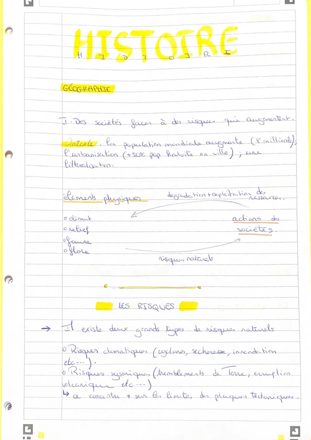 ir
HISTOIRE
GÉOGRAPHIE
J. Des sociétés faces à des risques que augmentent.
Centexte. la population mondiale augmente (8 milliards);
l'urbani