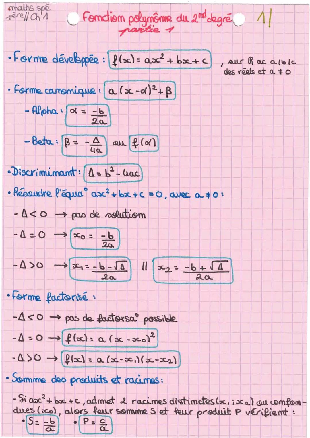 maths spe
Mere// Ch 1
Fonctiom polymorme du 2nd degré ^
partie 1
•Forme développée: $f(x)=ax²+bx+c$ , sur hac albk
des réels et a≠0
•Forme