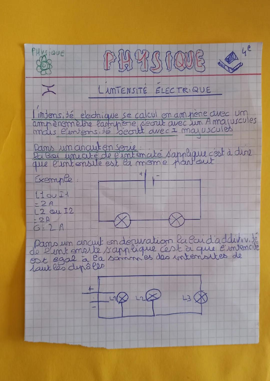 PHYSIQUE
X
LinTENSITÉ ÉLECTRIQUE
I intensité elednique se calcul en ampène avec um
ampènomètre campone, seout avec un A majuscules
mais l'in