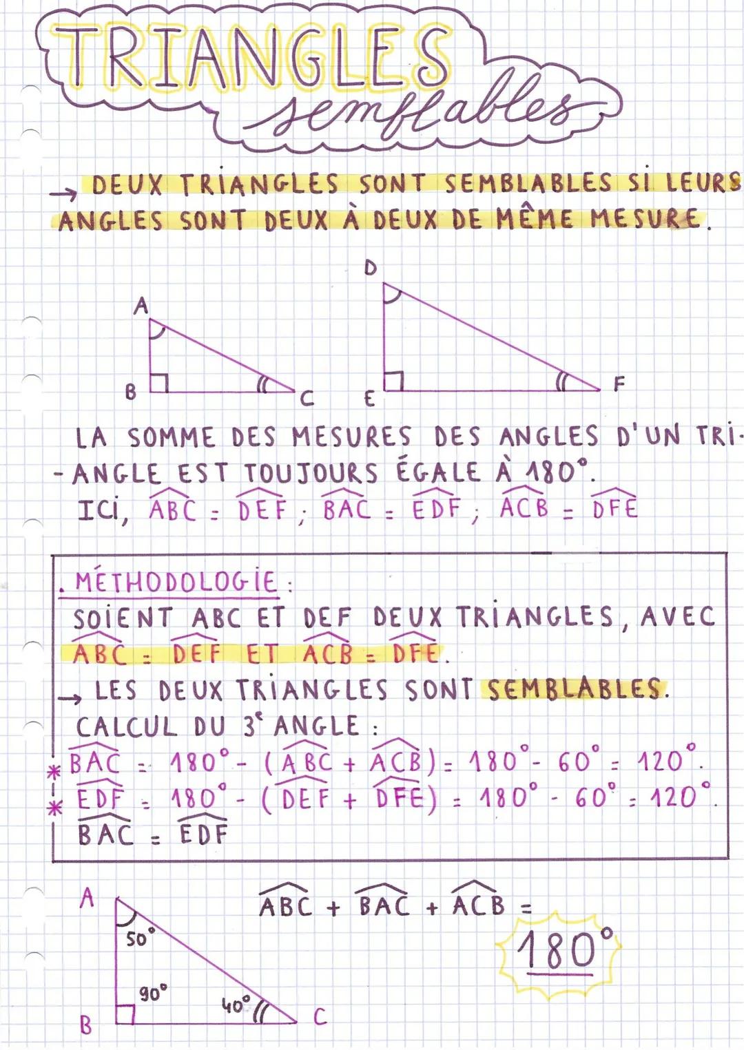 # TRIANGLES
semblables
DEUX TRIANGLES SONT SEMBLABLES SI LEURS
ANGLES SONT DEUX À DEUX DE MÊME MESURE.
A
D
B
C
E
F
LA SOMME DES MESU